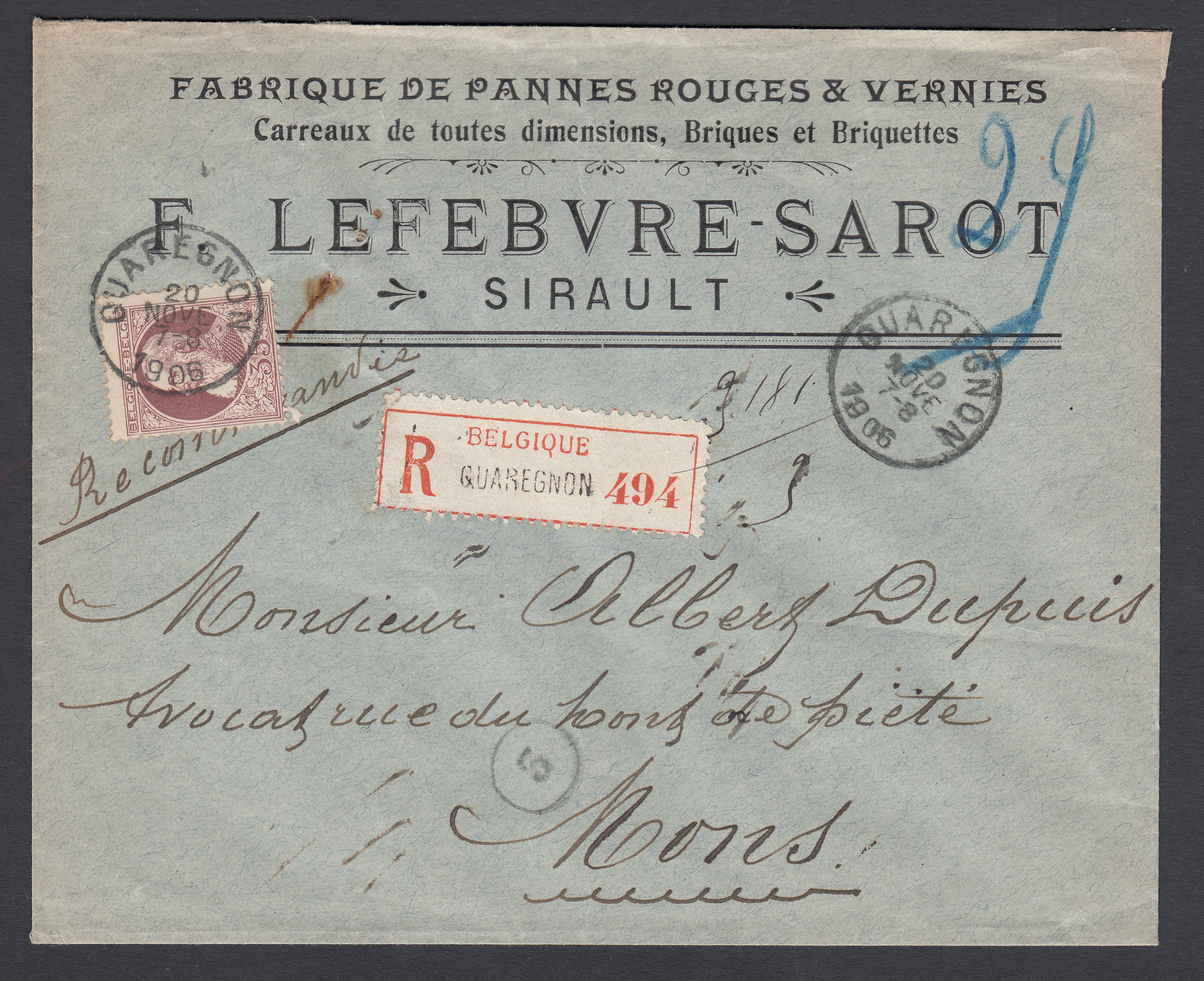 77 sur lettre à entête commerciale en recommandé de Quaregnon le 20 nove 1906 vers Mons. Càd au verso.