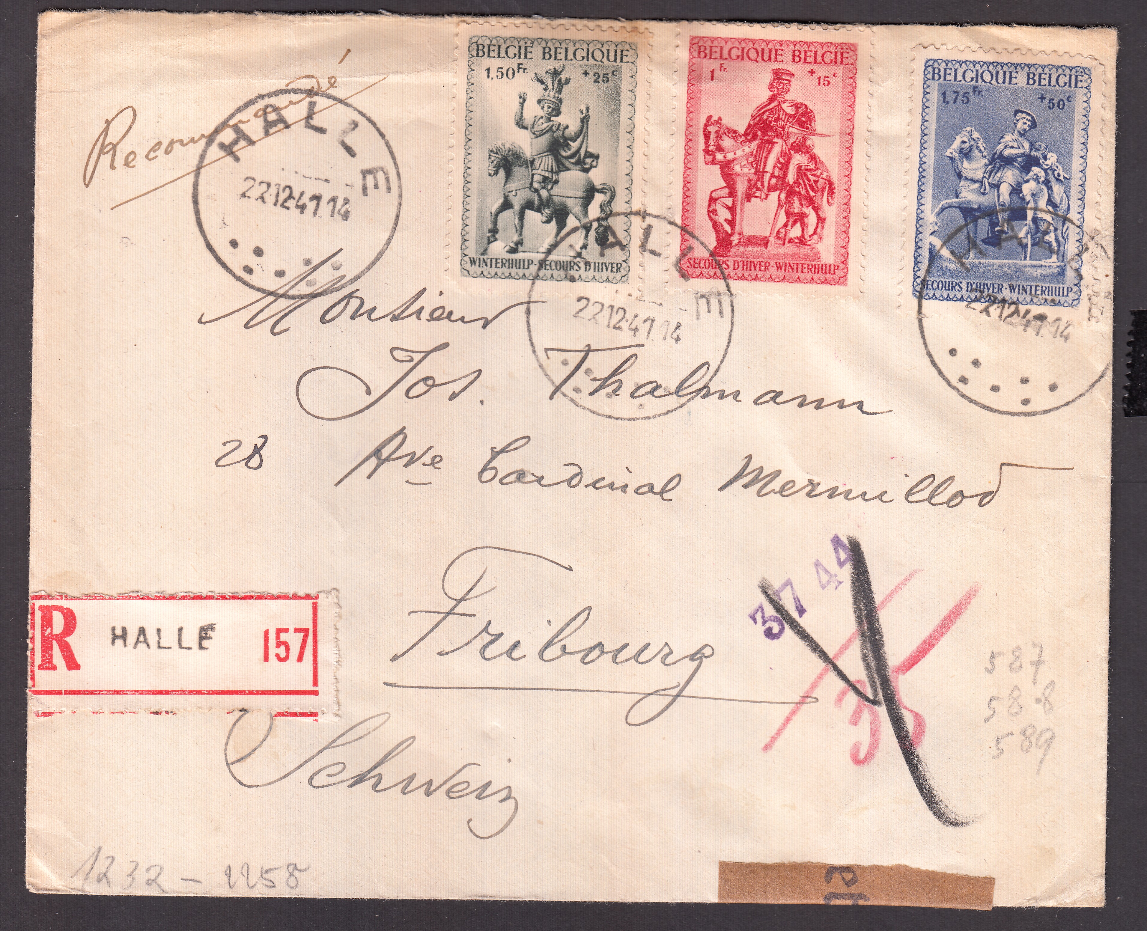 587/89 sur lettre en recommandé de Halle le 22.12.1941 vers Fribourg. Bande et cachet de censure allemande. Càd au verso.