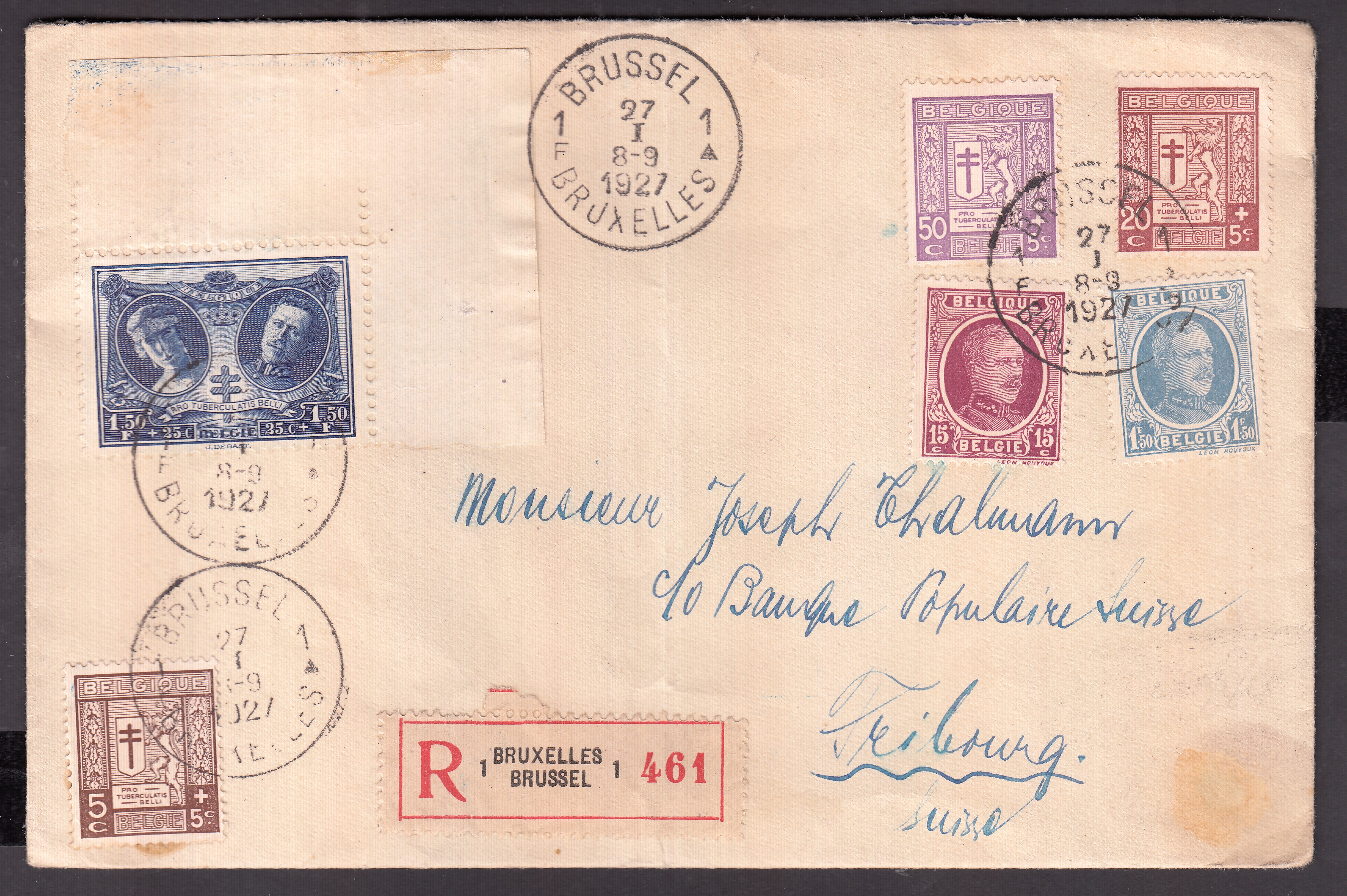 195 +207 +240/43 sur lettre en recommandé de BXL le 27.I.1927 vers Fribourg, Suisse. Càd +vignettes en bloc de 4 au verso.