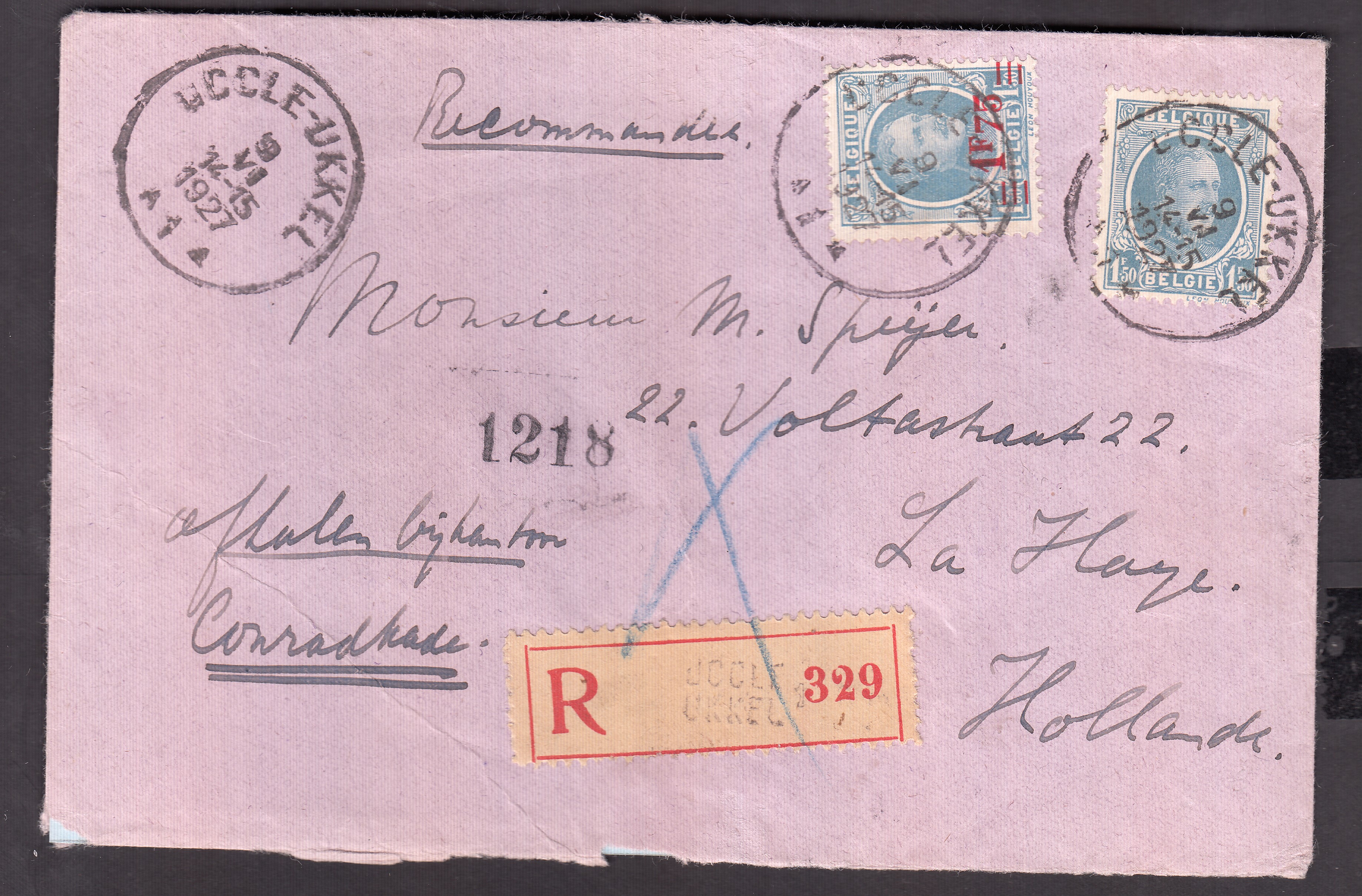 248 x2 sur lettre en recommandé d'Uccle le 9.VI.1927 vers La Haye. Càd au verso.