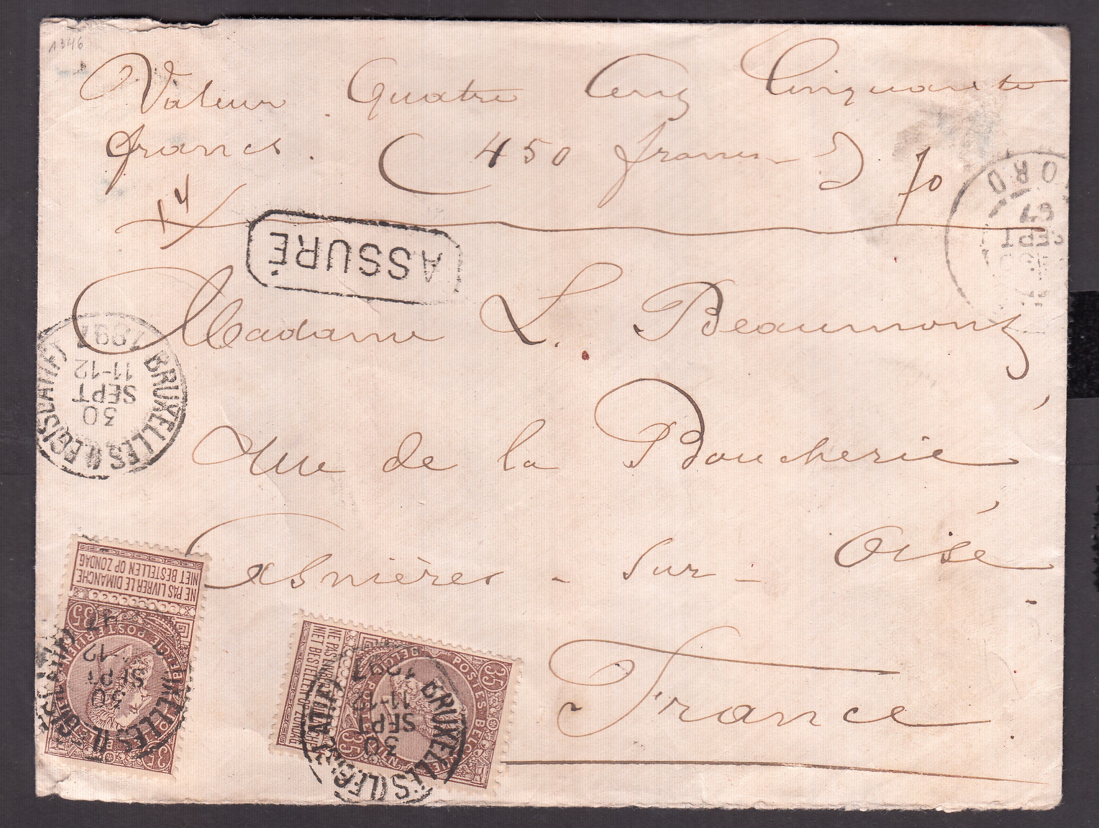 61 x2 sur lettre en valeur assurée (450Frs) de BXL (Législatif) le 30 sept 1897 vers la France. Cachet rect français (poid...) +Càd au verso.