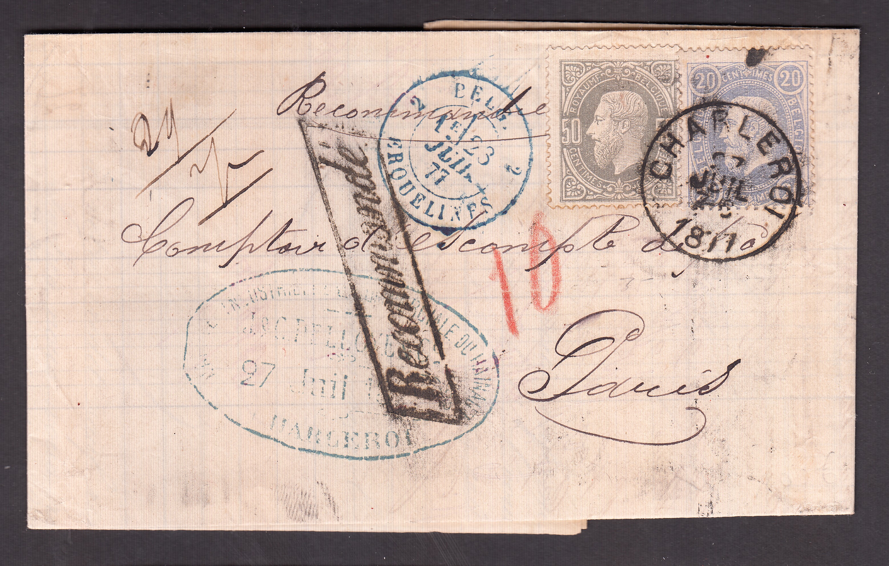 31 +35 sur LAC (Bordereau Caisse industrielle & commerciale J & C DELLOYE & Cie) en recommandé de Charleroi le 27 juil 1877 vers Paris. Cachet « 1 EST 1 » +Càd au verso.