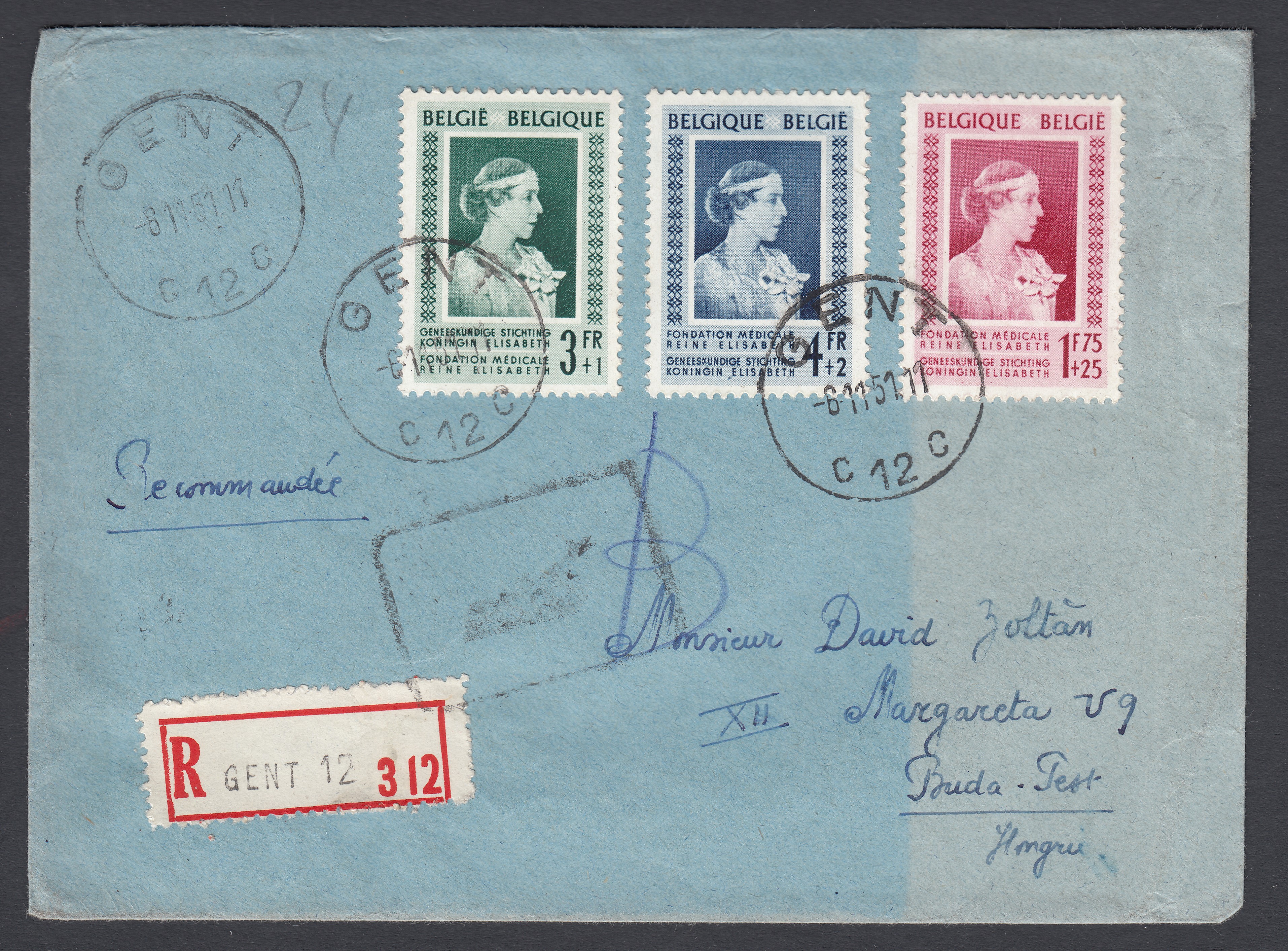 864/66 sur lettre en recommandé de Gent le 6.11.1951 vers la Hongrie. Càd au verso.