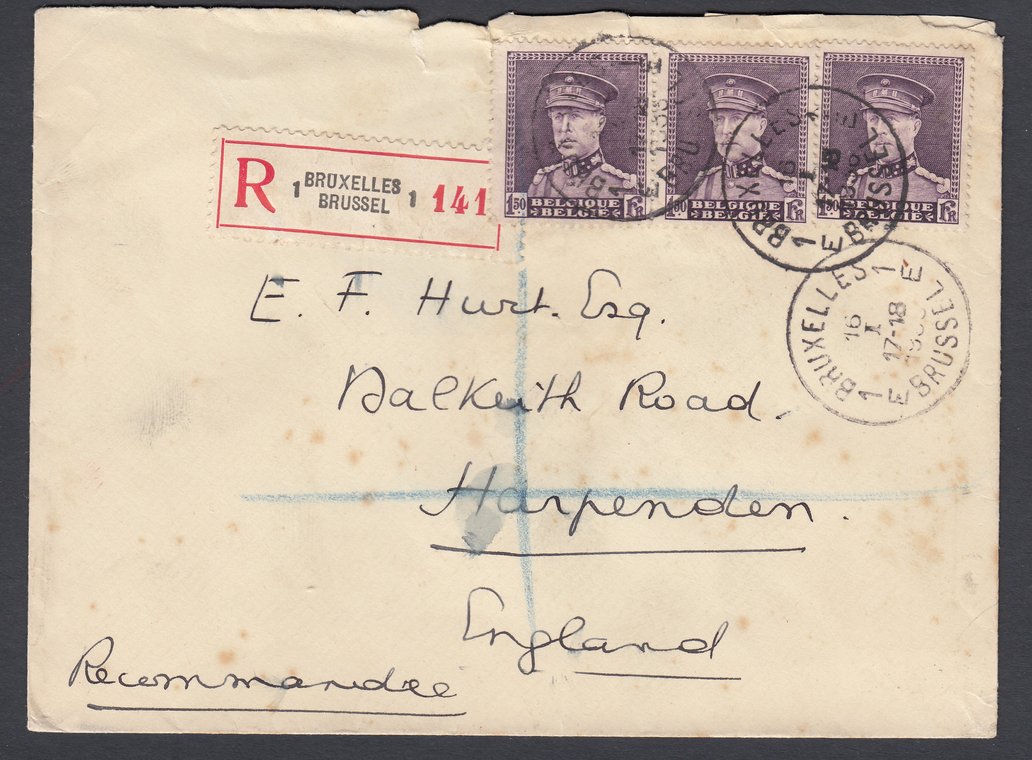 319 en bande de 3 sur lettre en recommandé de BXL le 16.I.1933 vers Harpenden, Angleterre.