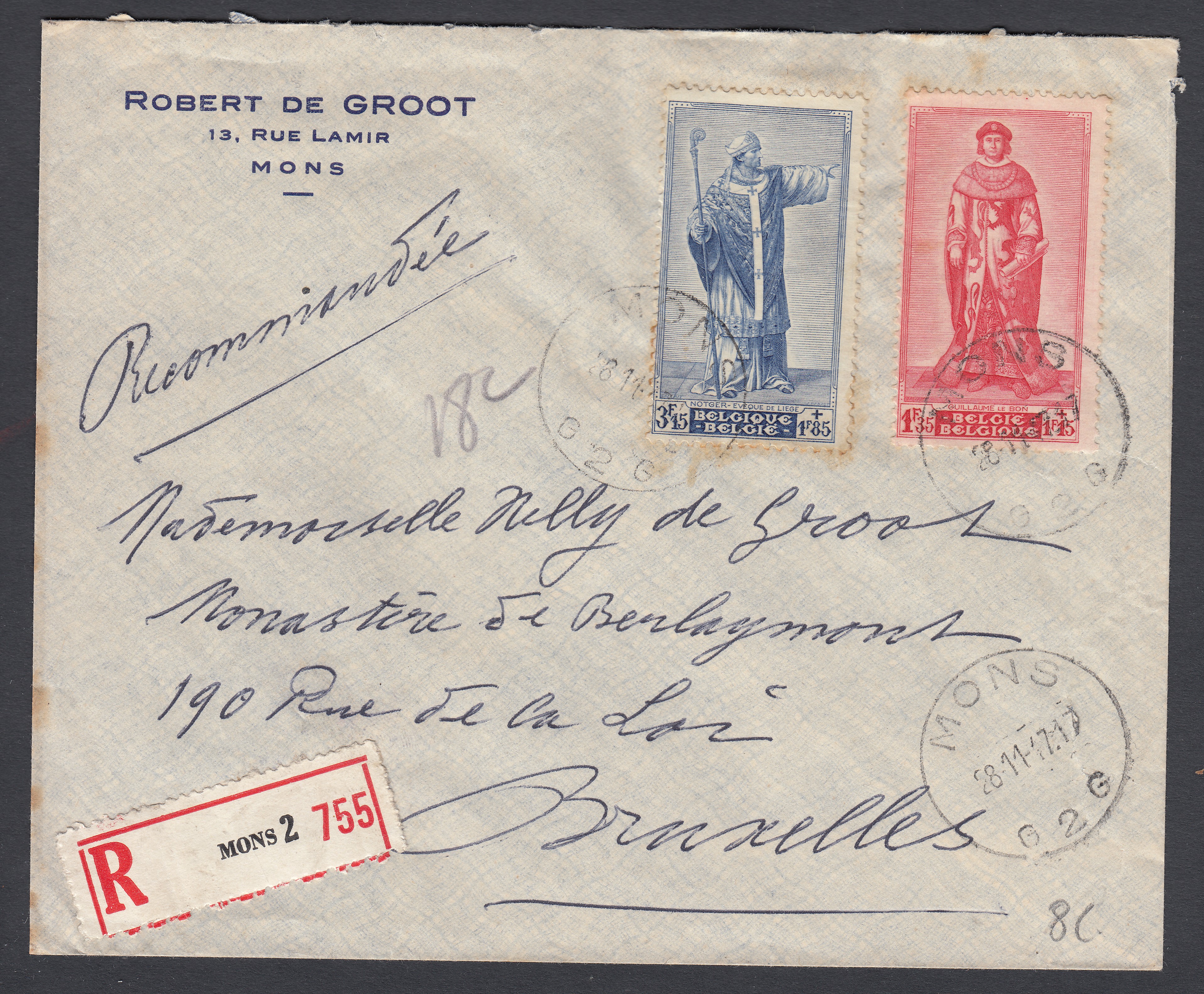 753/54 sur lettre en recommandé de Mons le 18.11.1947 vers BXL.