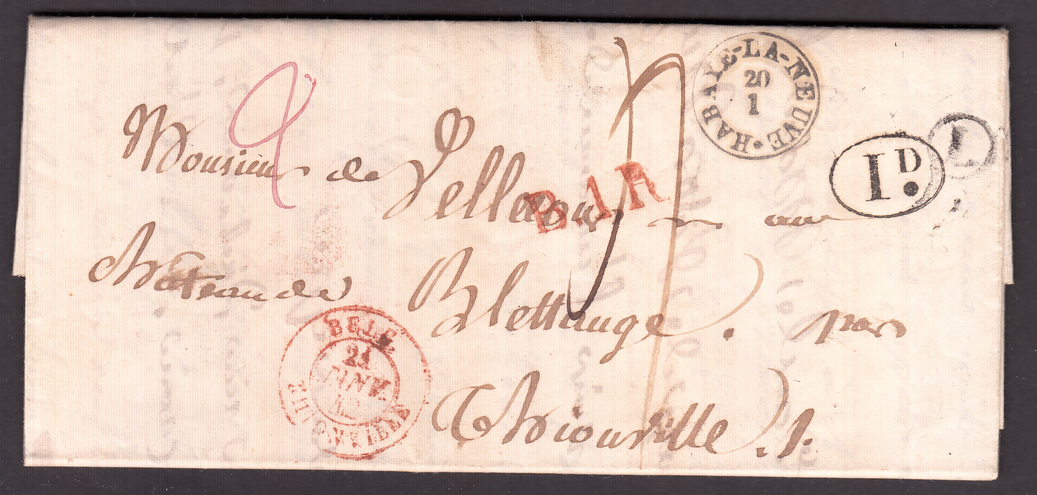 LAC datée de Mgnol 1b/1 42, de la boîte rurale « L » via Habay-la-Neuve ( Cachet type 18 au recto) vers la France. Cachet de passage +marque « Id » au recto.