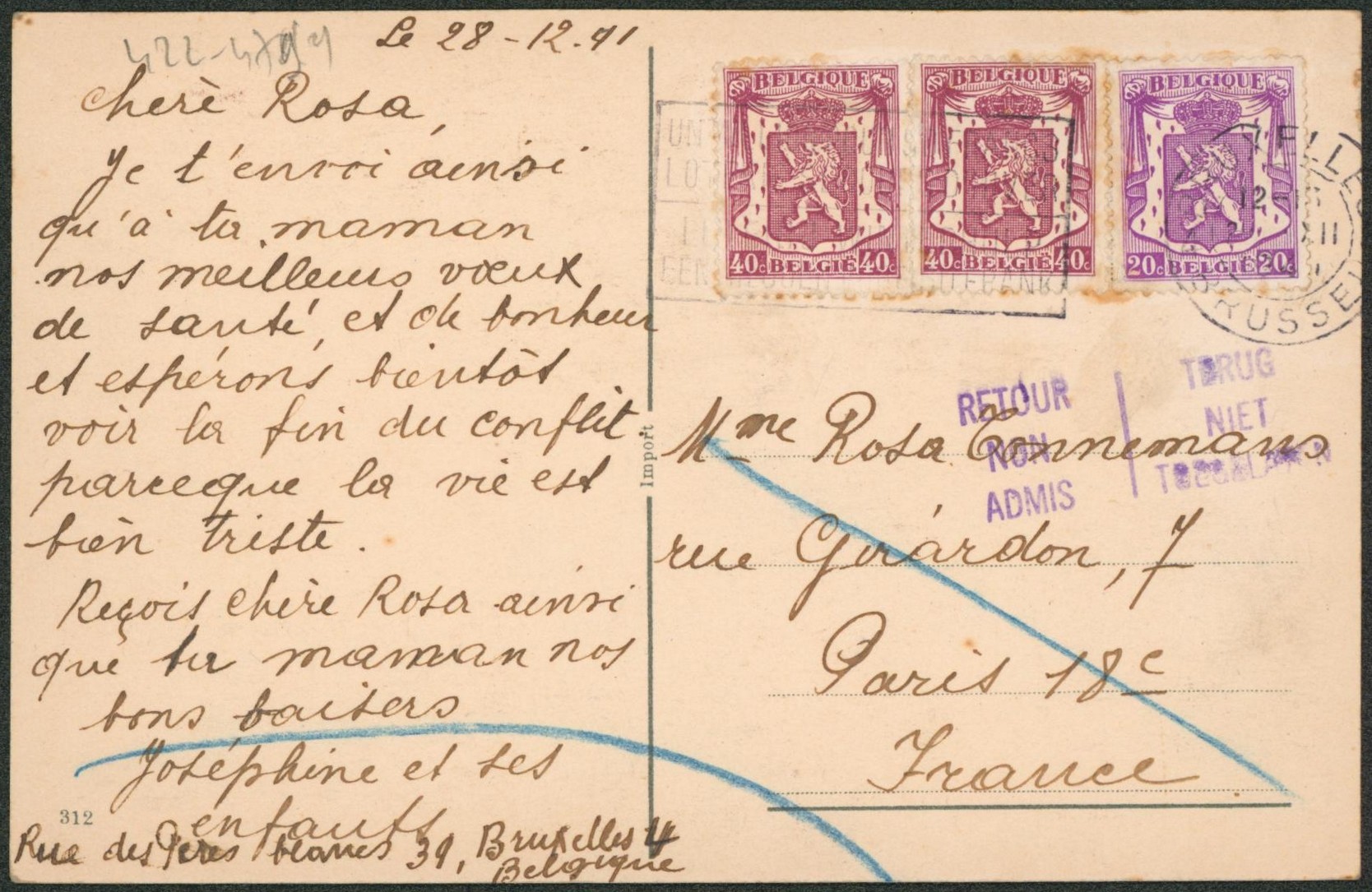 Petit sceau - n°422 et 479 x2 sur CP obl mécanique "Bruxelles" > Paris + griffe bilingue RETOUR NON ADMIS TERUG NIET TOEGELATEN