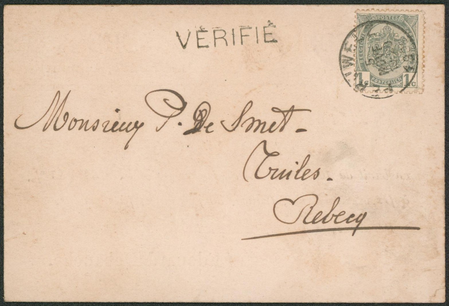 n°81 sur imprimé obl S.C. "Péruwelz" (roches pulvérisées) + griffe VERIFIE > Rebecq