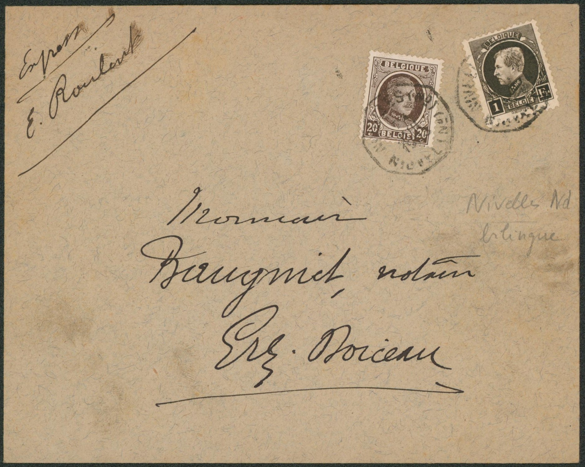 n°196 et 214 sur lettre en expres obl télégraphique "Nivelles ND" (Bilingue) > Grez-Doiceau