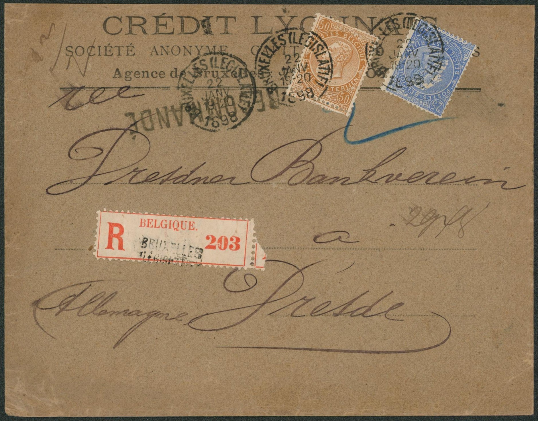 n°60 et 62 sur lettre en recommandé de Bruxelles (législatif, double port) > Dresde (Allemagne)