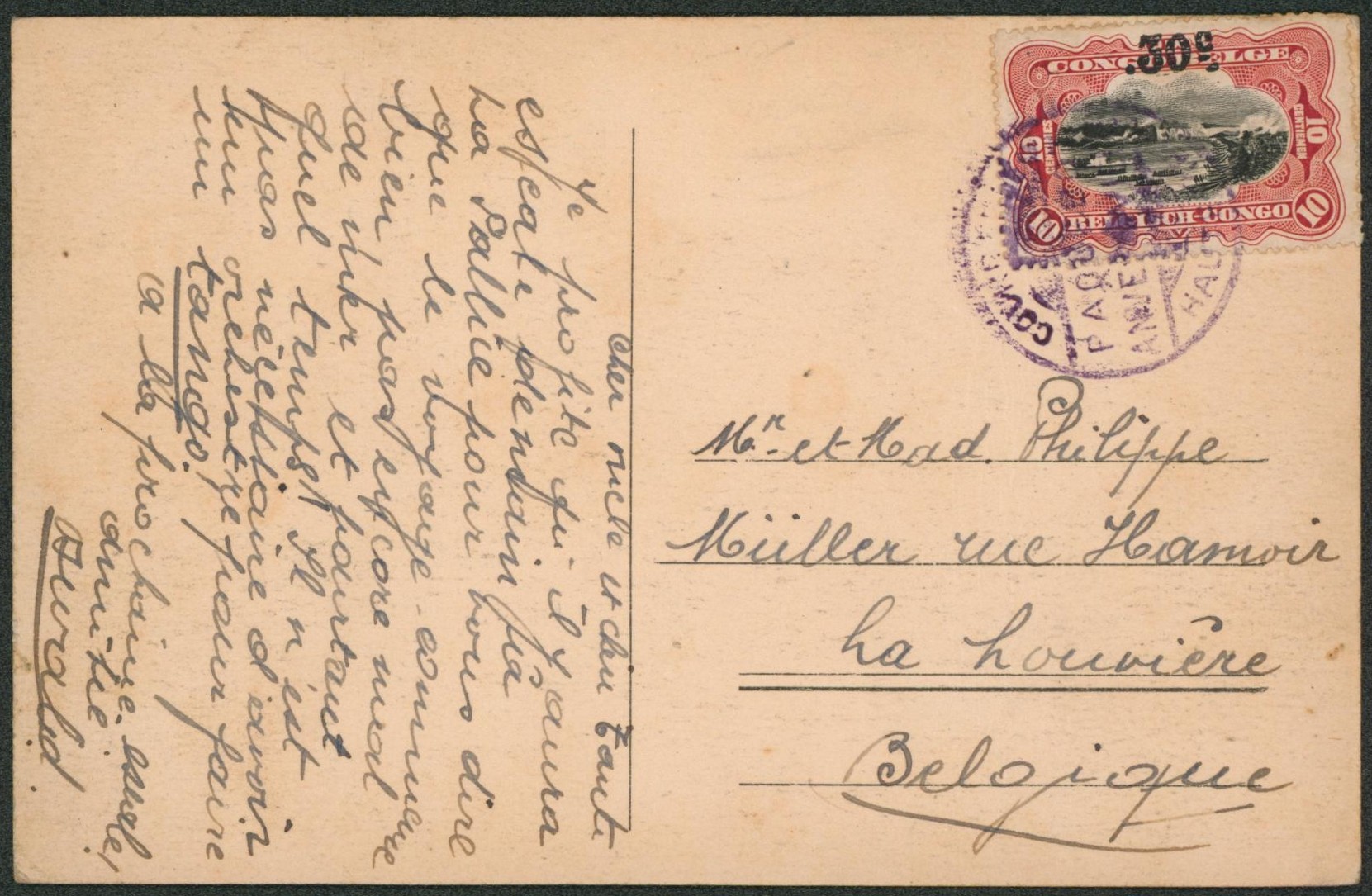 Congo Belge - n°98 sur CP obl COURRIER DE HAUTE MER / PAQUEBOT ANVERSVILLE > La Louvière