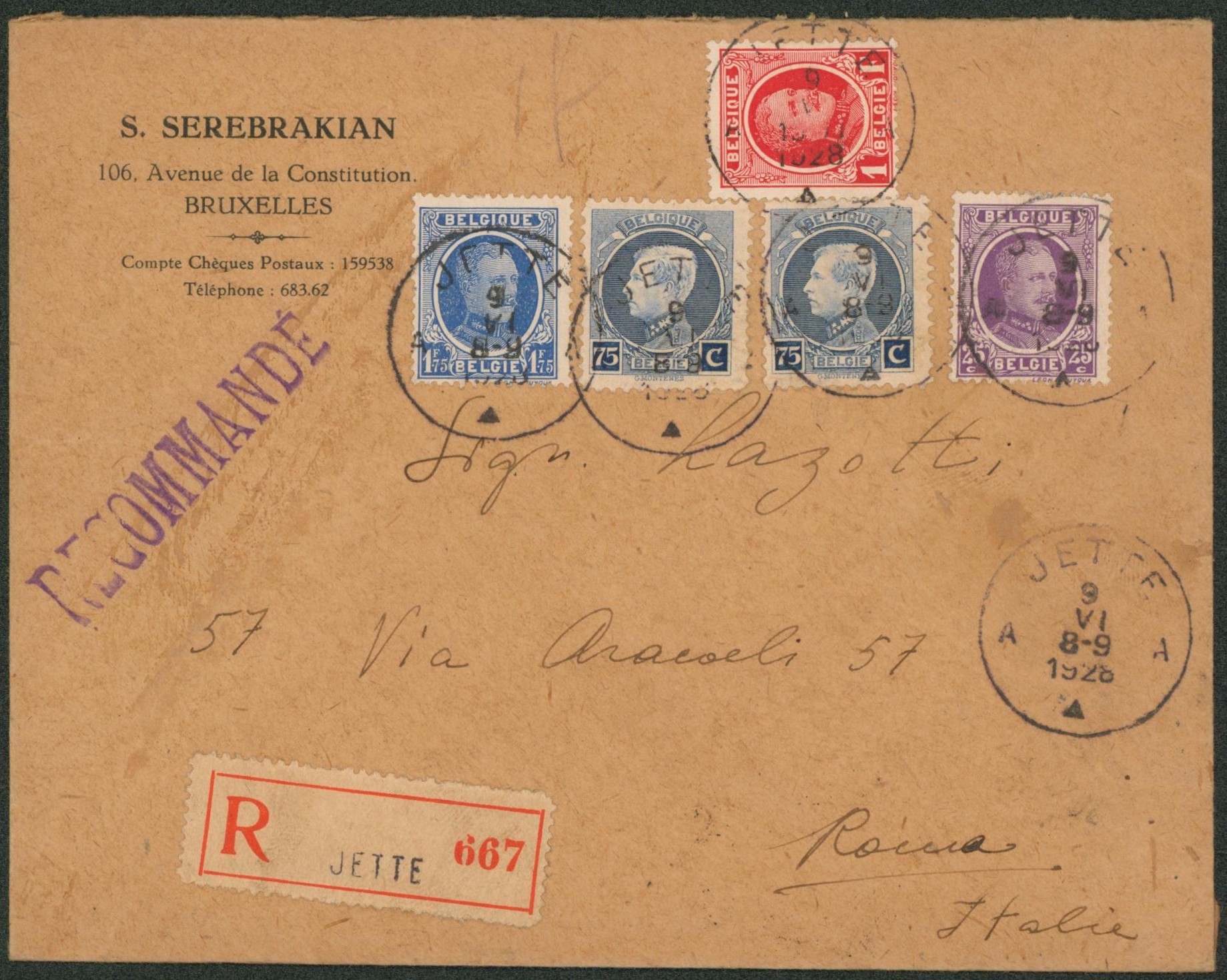 Houyoux / Petit montenez sur lettre en recommandé (Soit 4F50) de Jette > Roma (Italie).