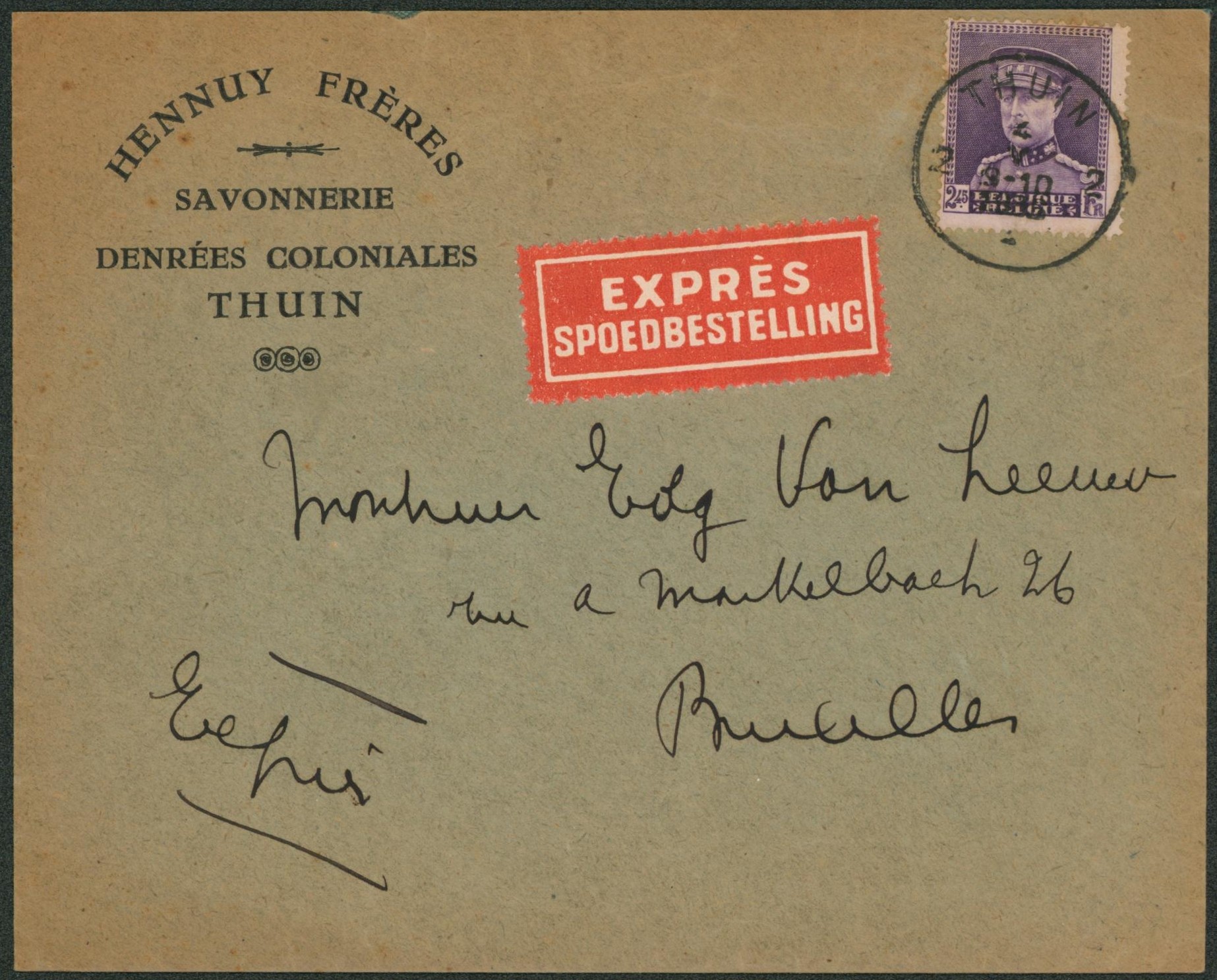 Képi - n°322 sur lettre en expres de Thuin 2  > Bruxelles / Savonnerie.