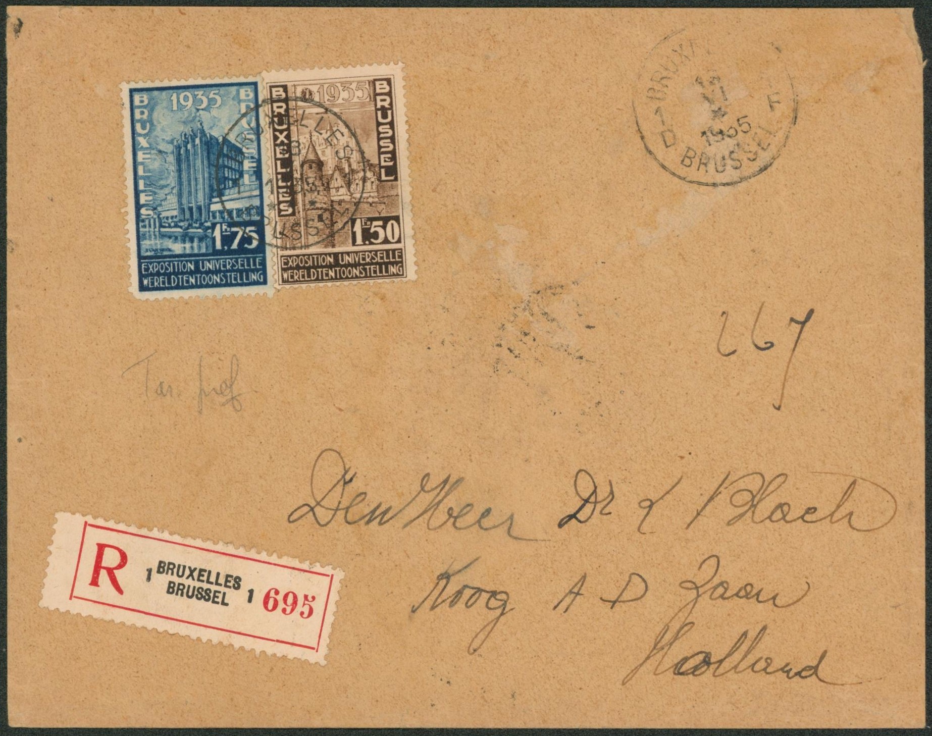 Exposition 1935 - n°388/89 sur lettre en recommandé tarif préférentiel de Brxelles > Hollande + étiquette de réparation au verso.