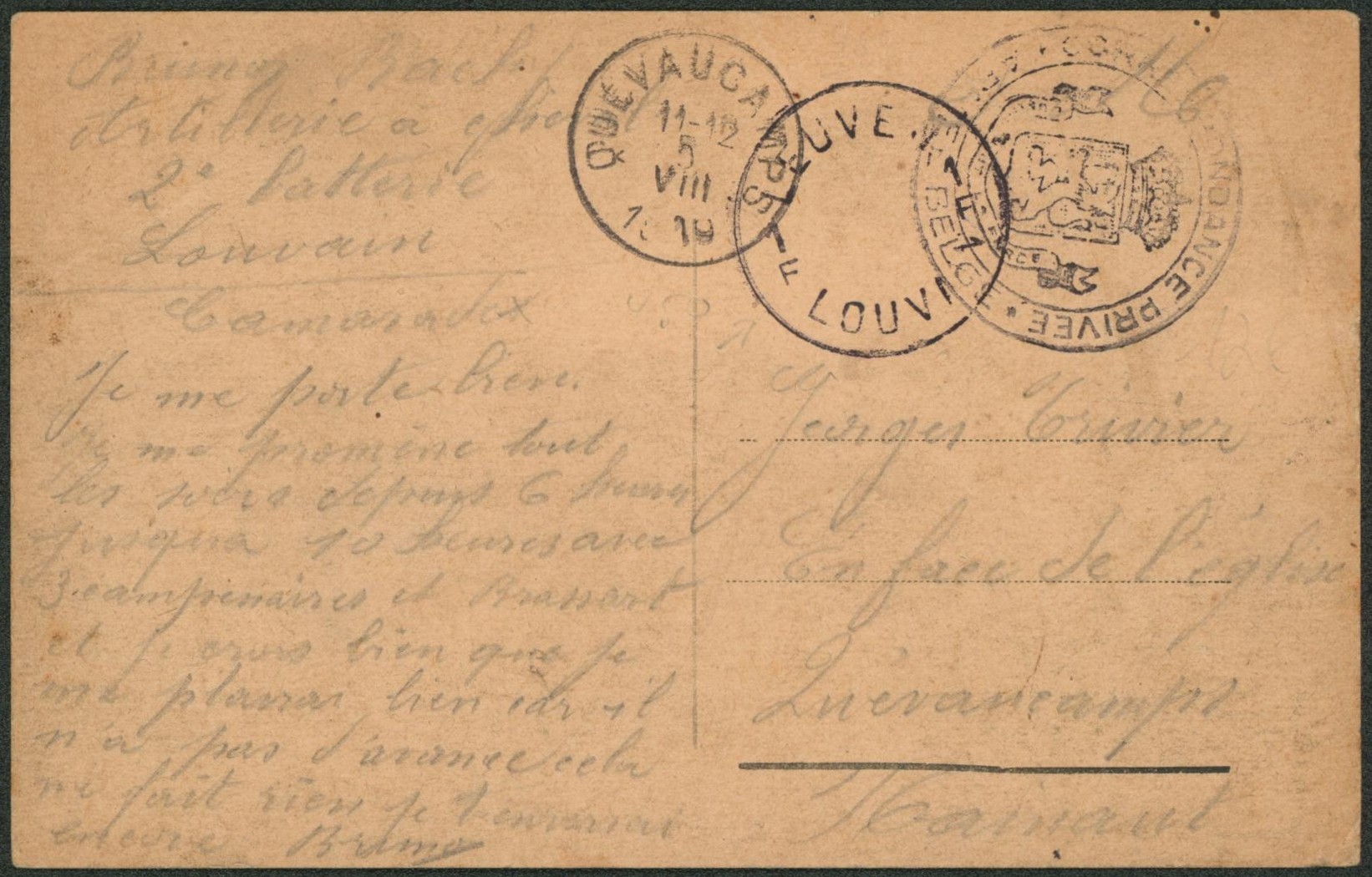 Fortune - CP (correspondance privée) expédié de Leuven / louvain çàd cachet vide sans bloc dateur > Quevaucamps.