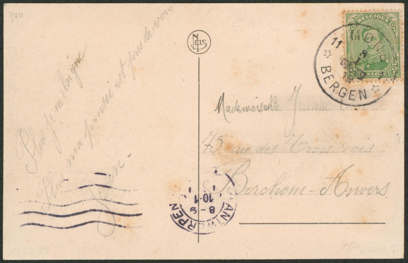 Albert I - n°137 sur CP obl agence de fortune "Mons / Bergen 11" > Berchem (Anvers).