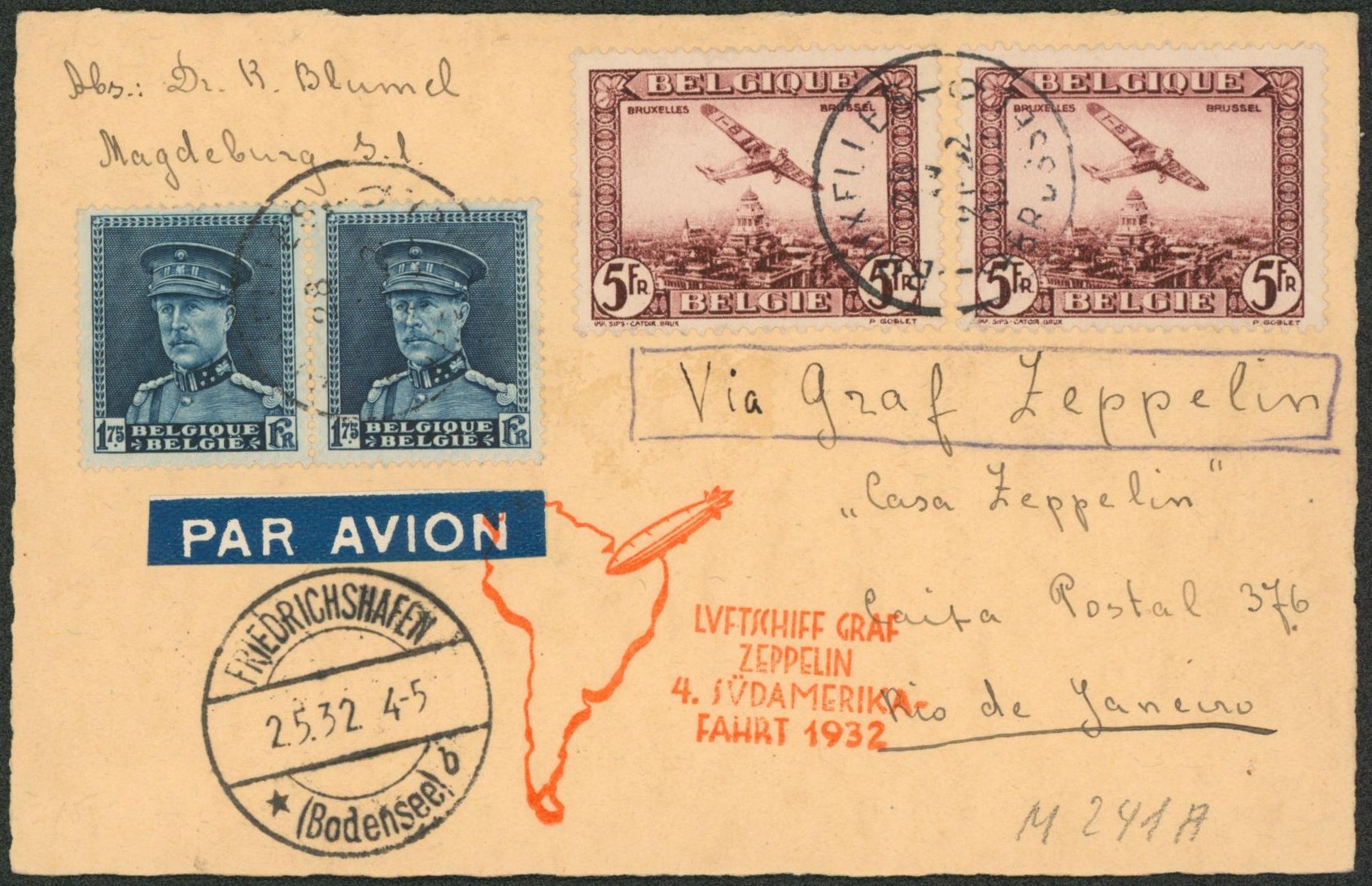 n°320 x2 et PA4 x2 sur carte manuscrite (sans texte au verso) par avion via Graf Zeppelin (4. Sudamerika fahrt 1932) > Rio de Janeiro