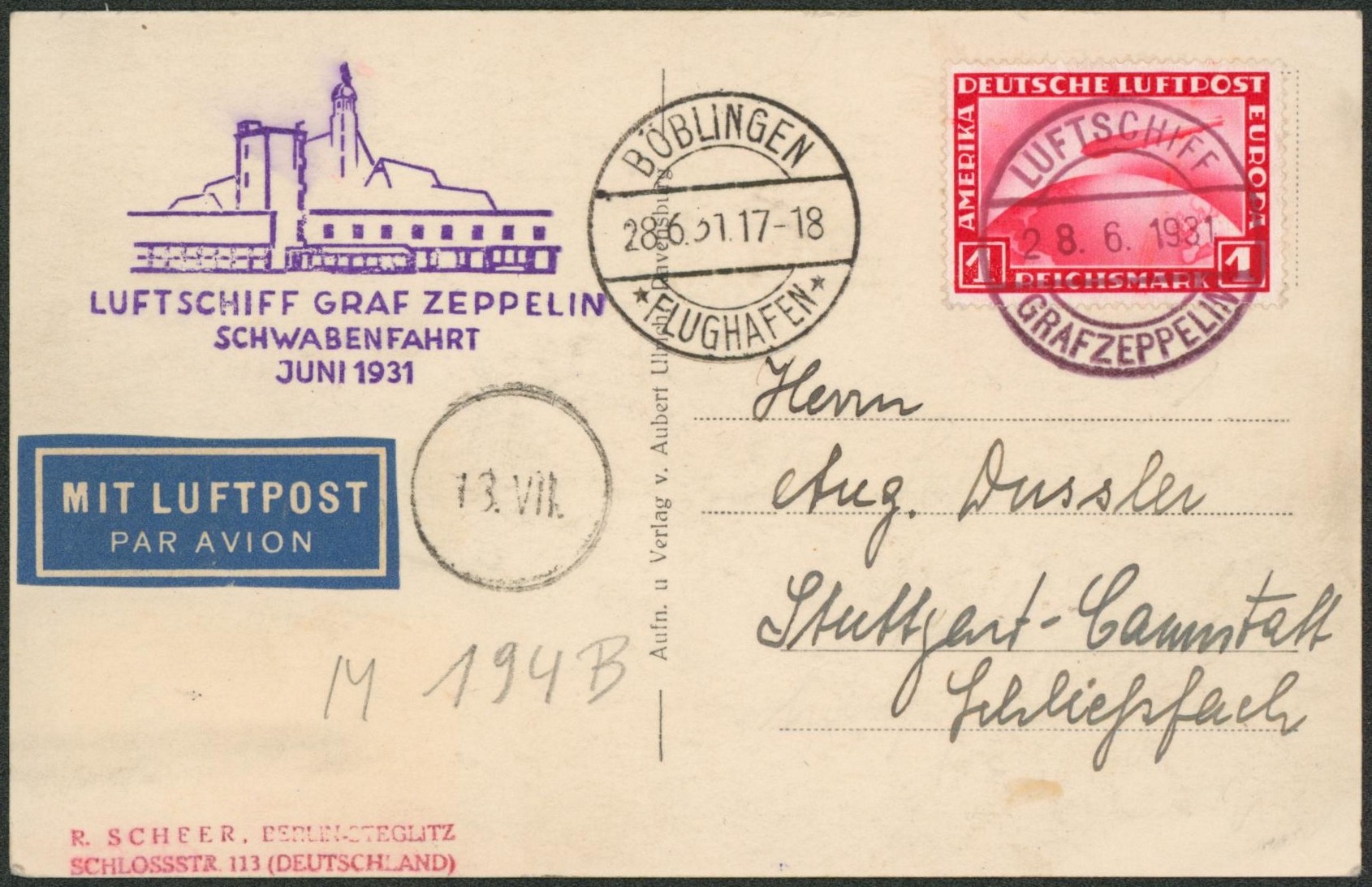 Allemagne - Yv n°PA35 sur CP vue (Zeppelin) voyagé par avion "luftschiff graf zeppelin schwabenfahrt Juni 1931" de Böblingen > Stuttgart