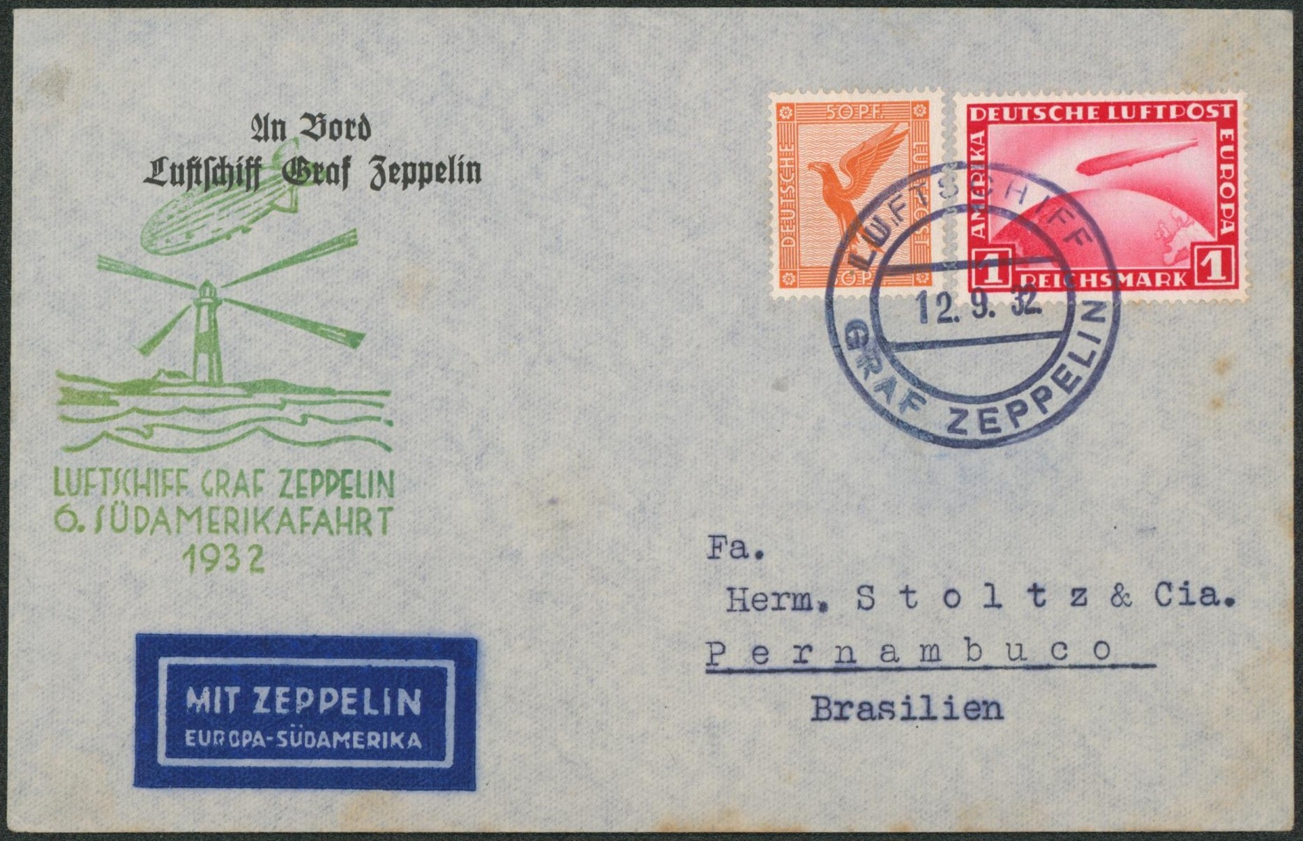 Allemagne - Yv n°PA31 + PA35 sur lettre voyagé par Zeppelin (6. Sudamerikafahrt 1932) > Pernambuco (Brésil).