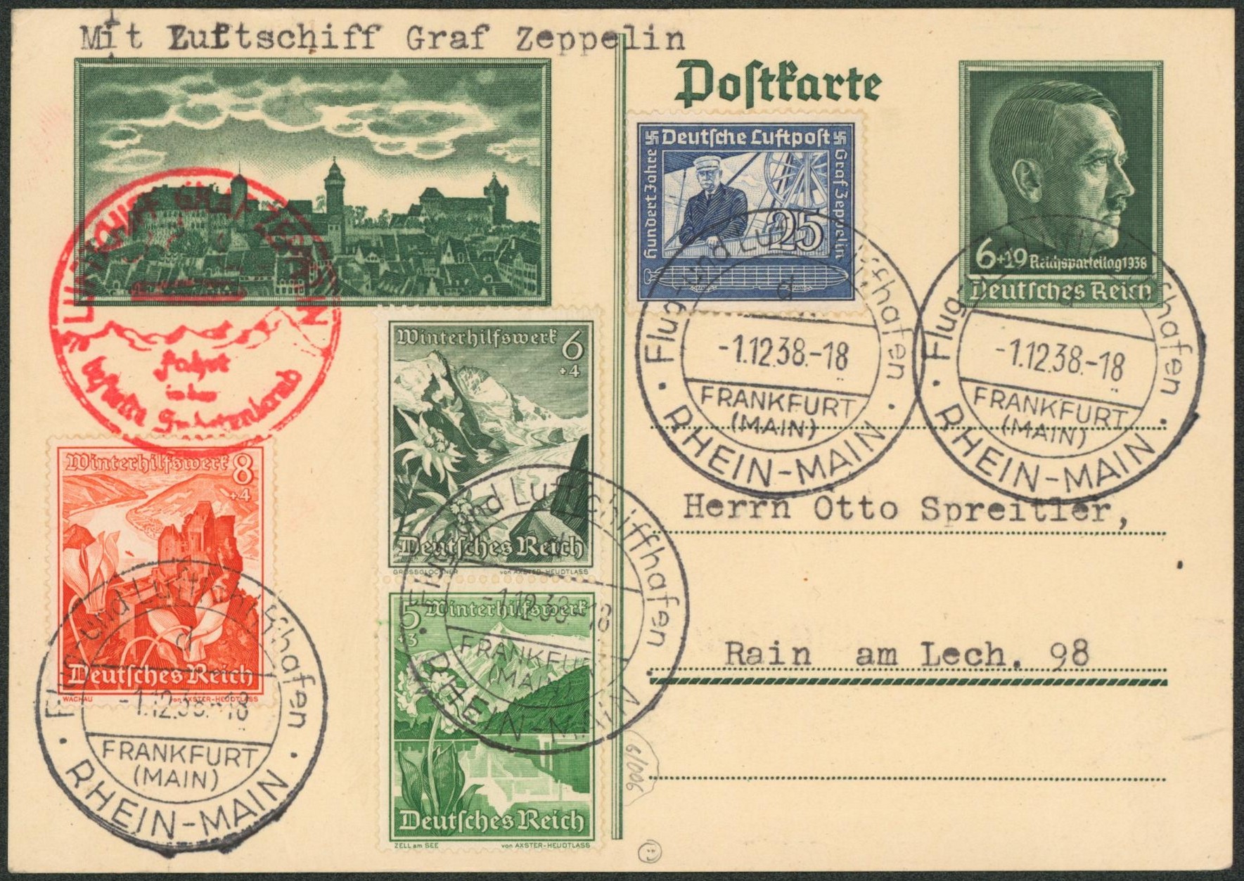Allemagne - Entier postal effigie d'hitler 6 deutsche reich + affranch. Mixte voyagé par Zeppelin > Rain am lech / Montagne.