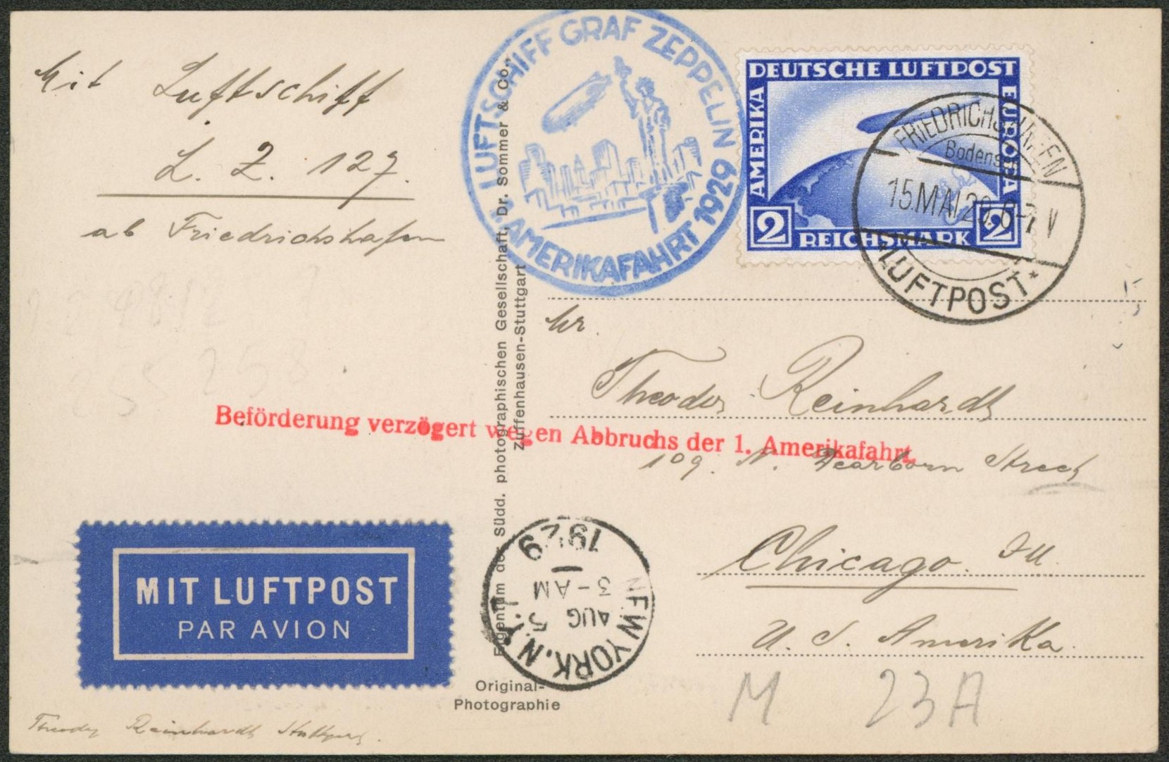 Allemagne - Yv n°PA36 sur CP vue (Zeppelin) voyagé par avion "Luftschiff graf zeppelin / 1. Amerikafahrt 1929" > Chicago (USA).