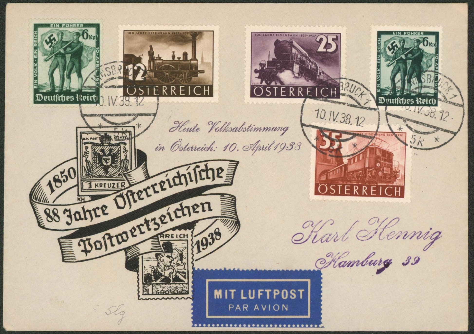 Autriche - Affranch. mixte (Autriche / Deutsch reich) sur lettre "fête du timbre" de Innsbruck par avion > Hamburg