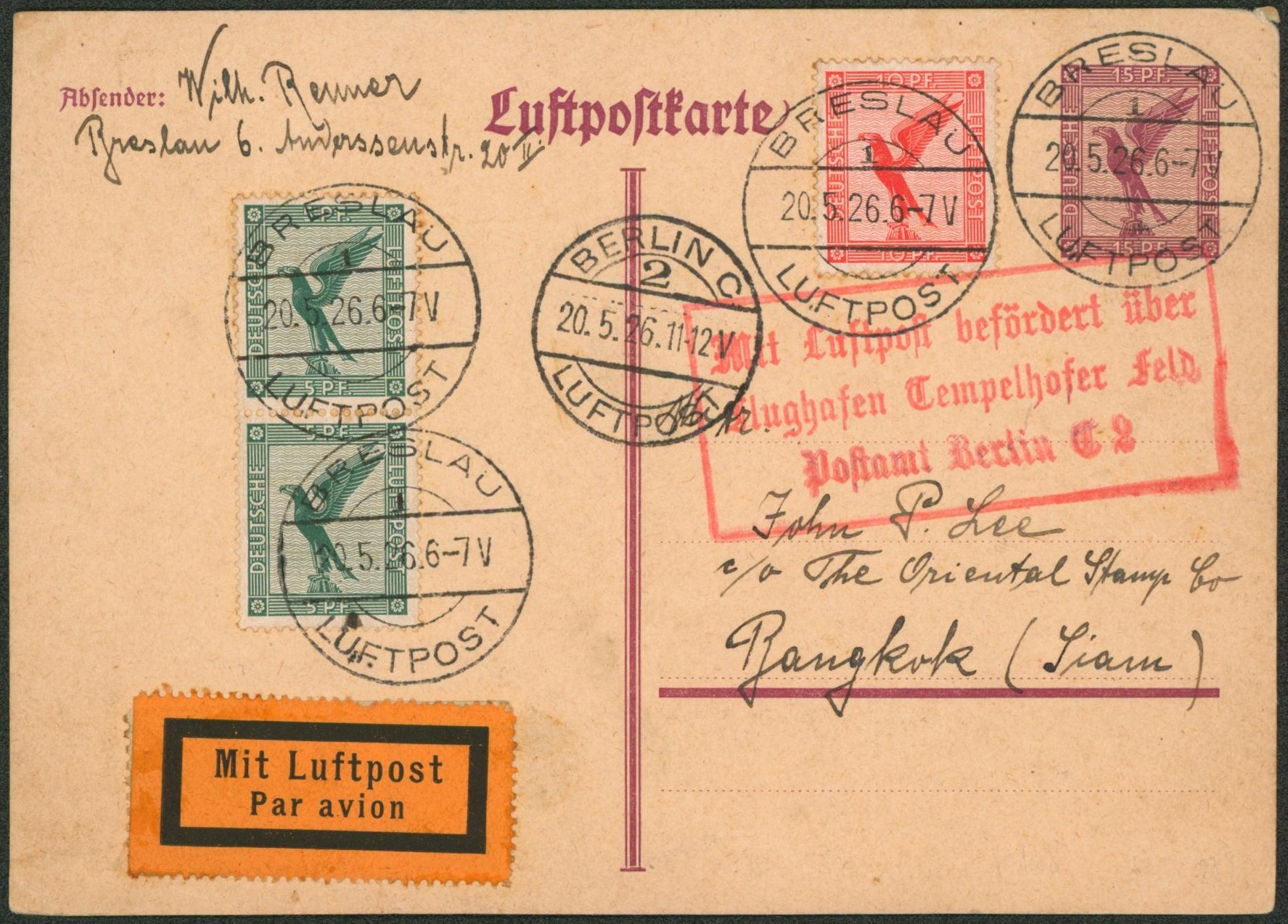 Allemagne - Entier type aérogramme 15 PF + Yv n° PA27 x2 et PA288 expédié par avion de Breslau via Berlin > Bangkok (Siam) / Texte