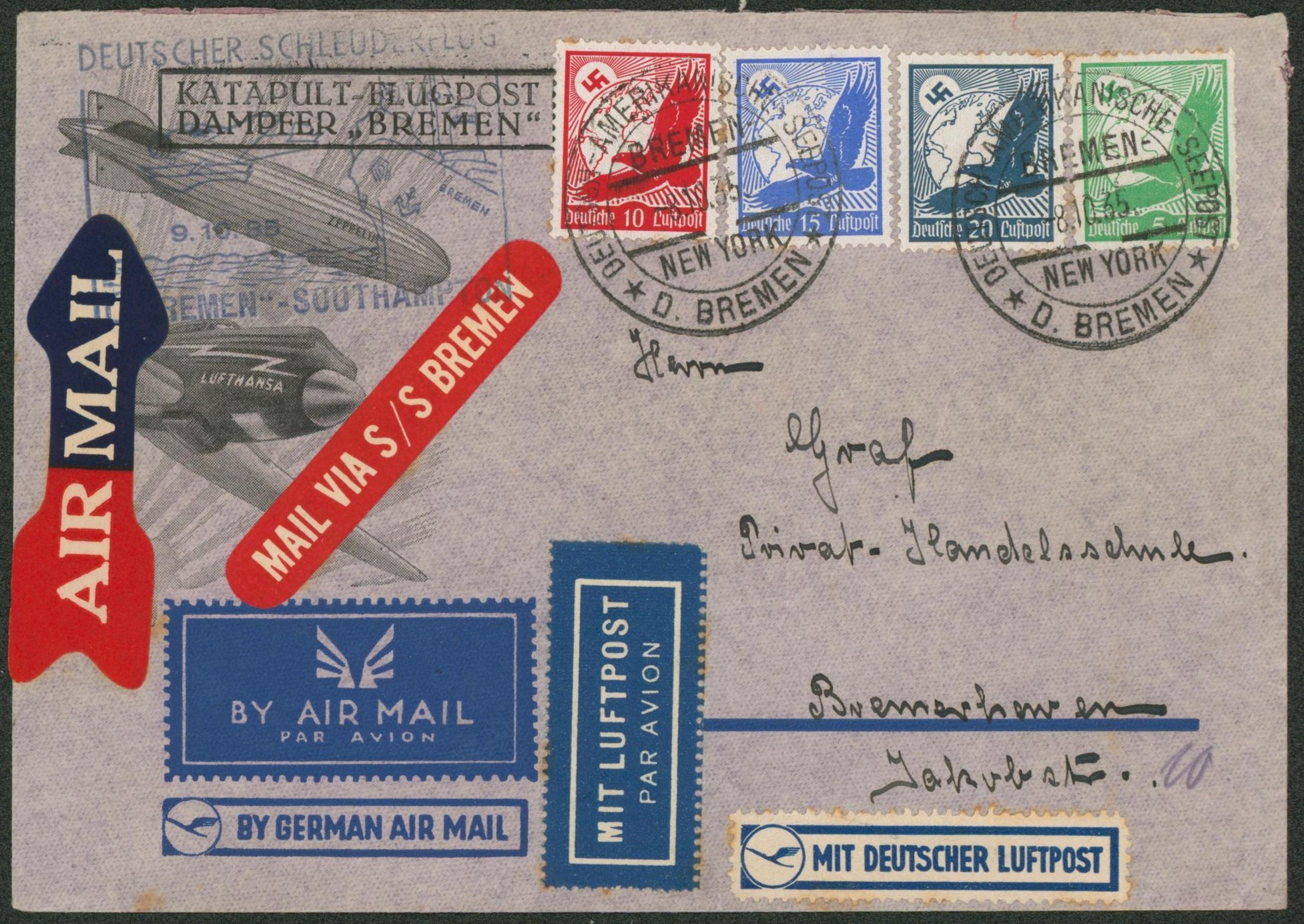 Allemagne - Yv n°PA43/46 sur lettre par avion + cachet spécial "Deutsch amerikanische-Seepost / Bremen-New-York" & étiquette MAIL VIA S/S Bremen (paquebot).