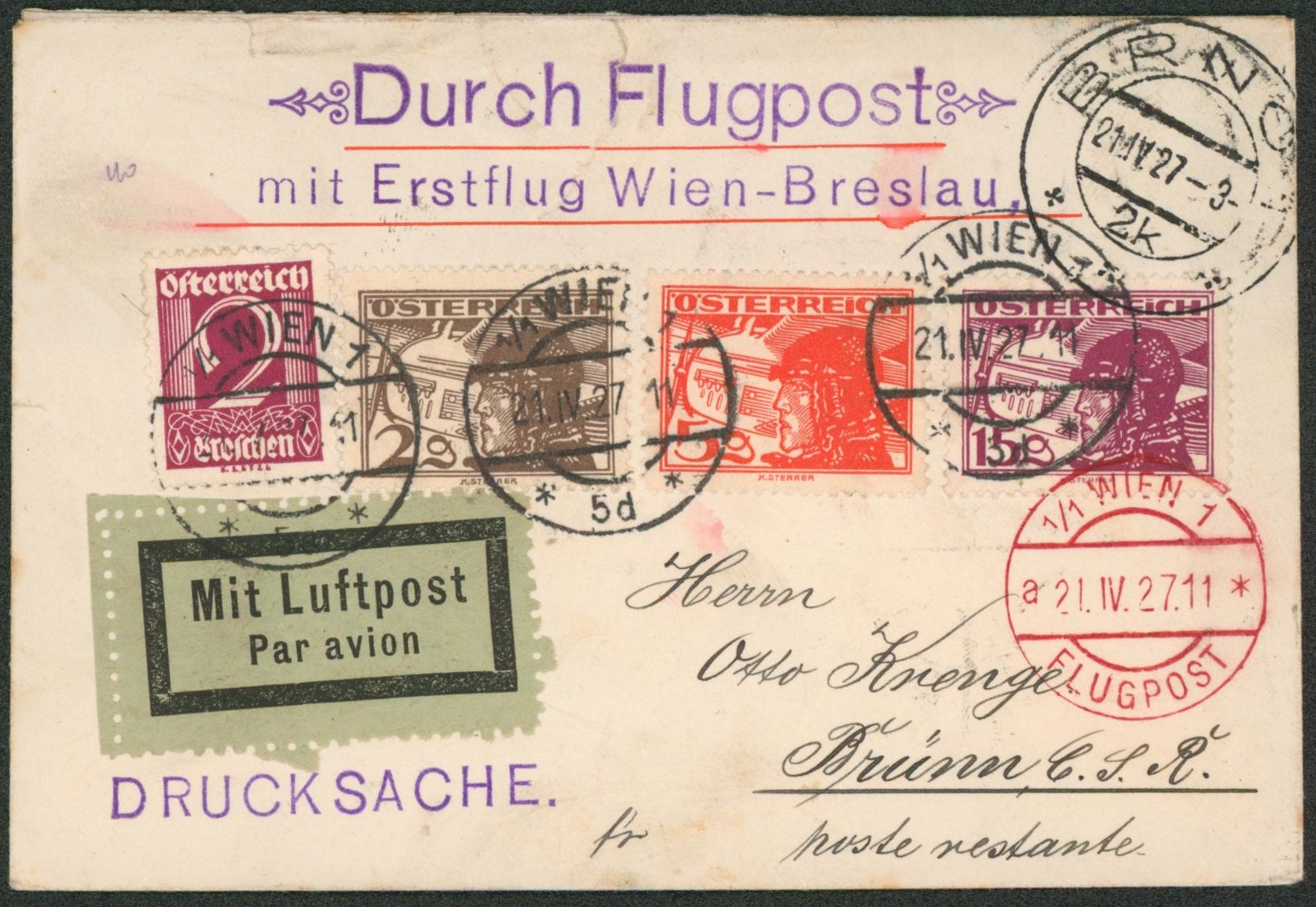 Autriche - Affranch. mixte sur lettre par avion de Wien > poste restante à Brno (République tchèque).