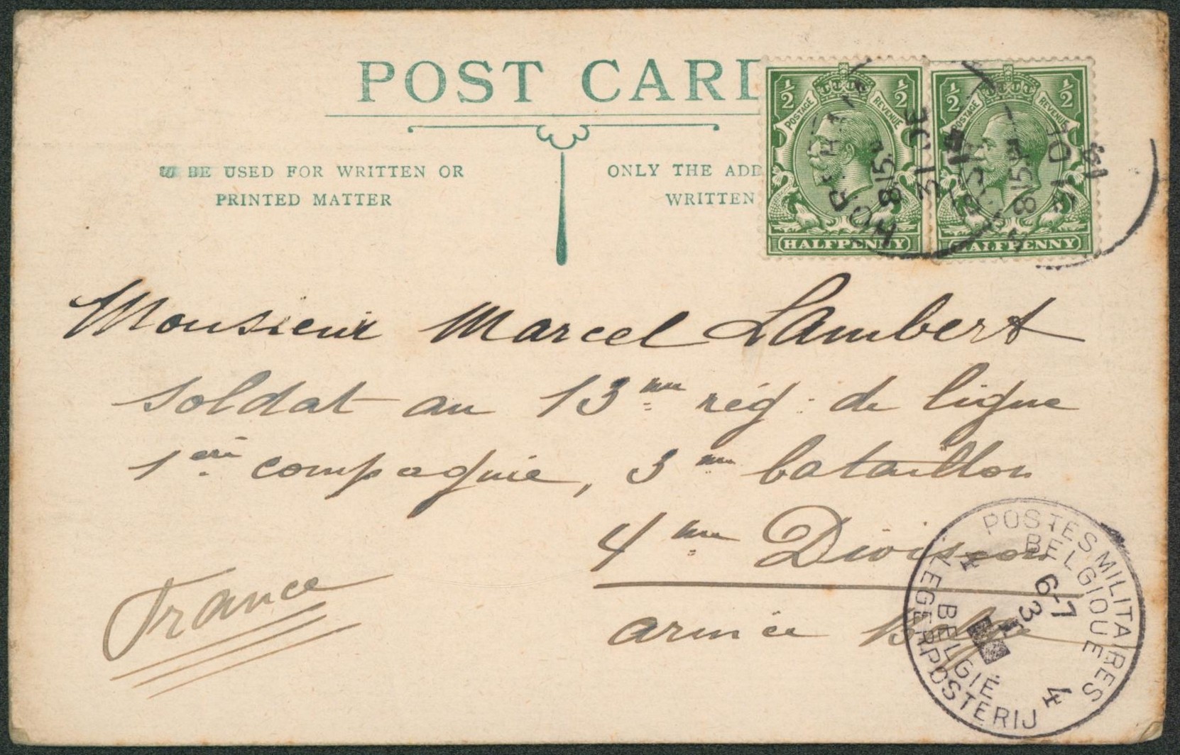 Carte postale affranchie à 1 Penny de Horsham (Angleterre) > M. Lambert armée belge en France çàd Obl P.M.B. 4 (année masquée).