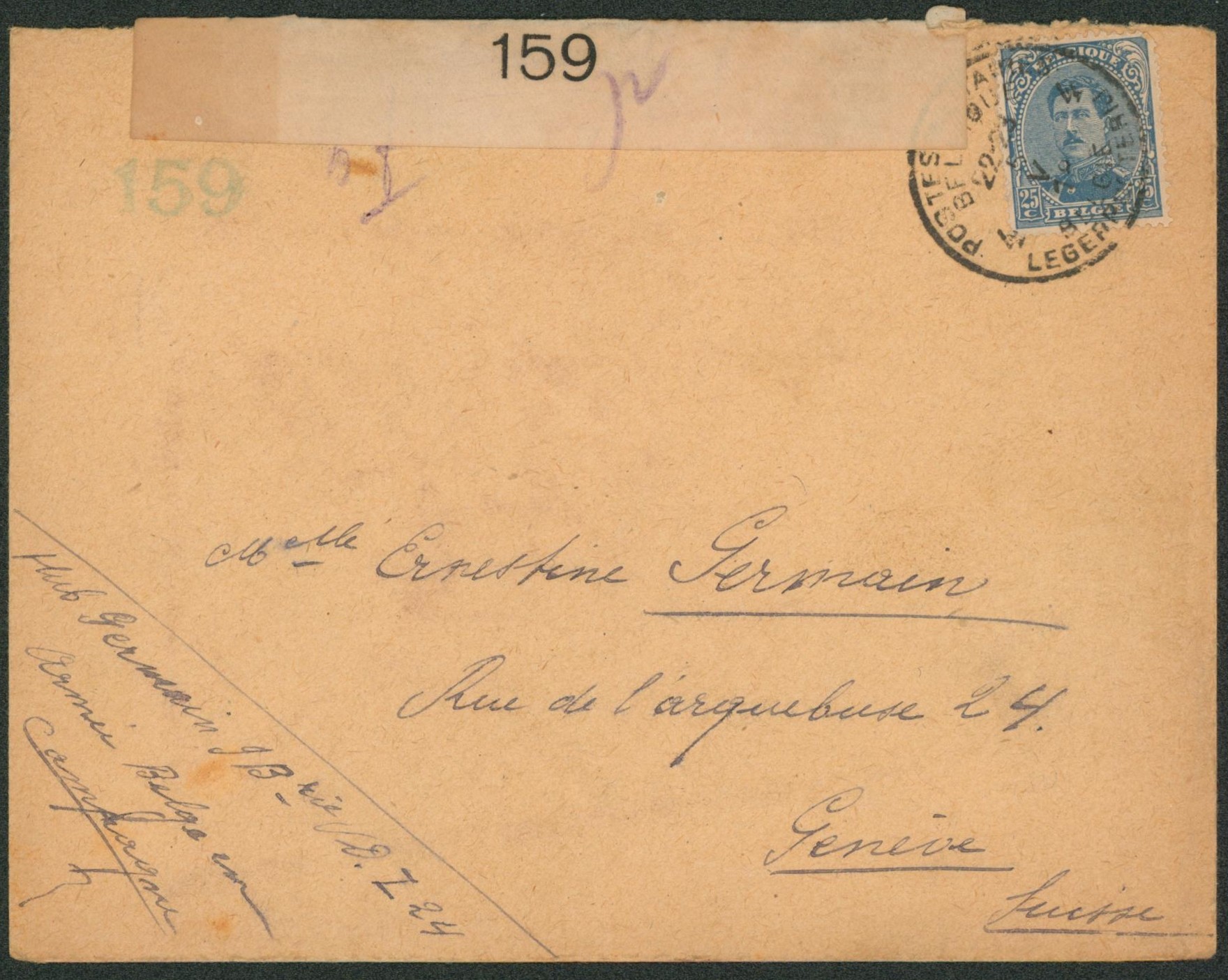 Albert I - n°141 sur lettre obl P.M.B. (5/V/18) + bandelette de censure "159" > Genève (Suisse).