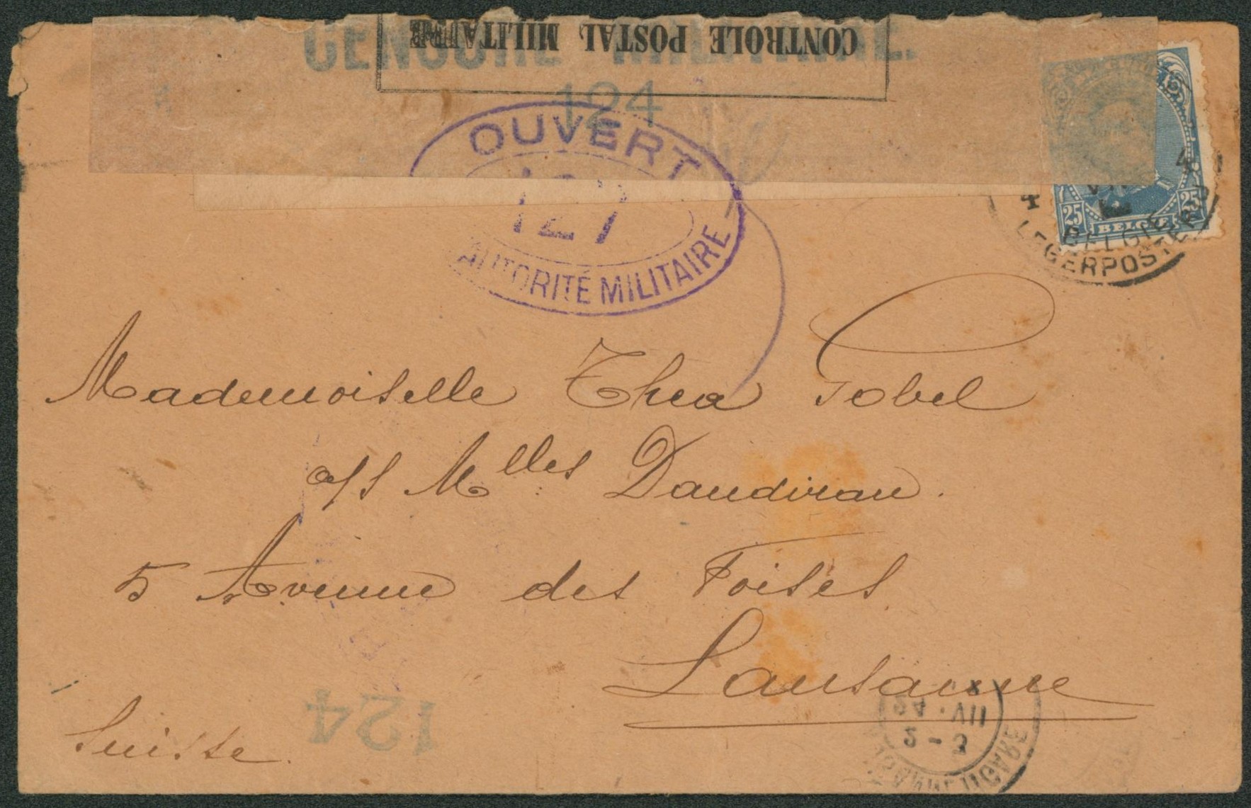 Albert I - n°141 sur lettre obl P.M.B. 4 double bandelette de censure (supperposée Belge et française) > Lausanne (Suisse).