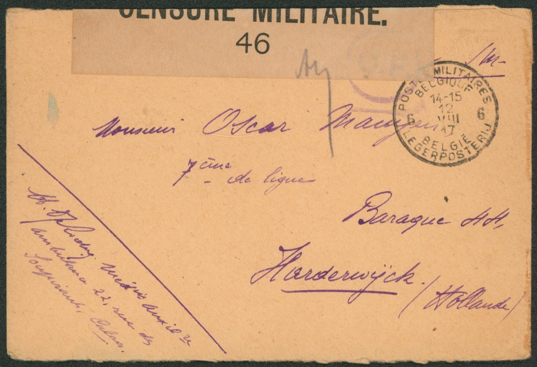 Lettre en S.M. obl P.M.B. 6 (1917) + bandelette de censure "46", censure C.F. > Harderwijck (Hollande).