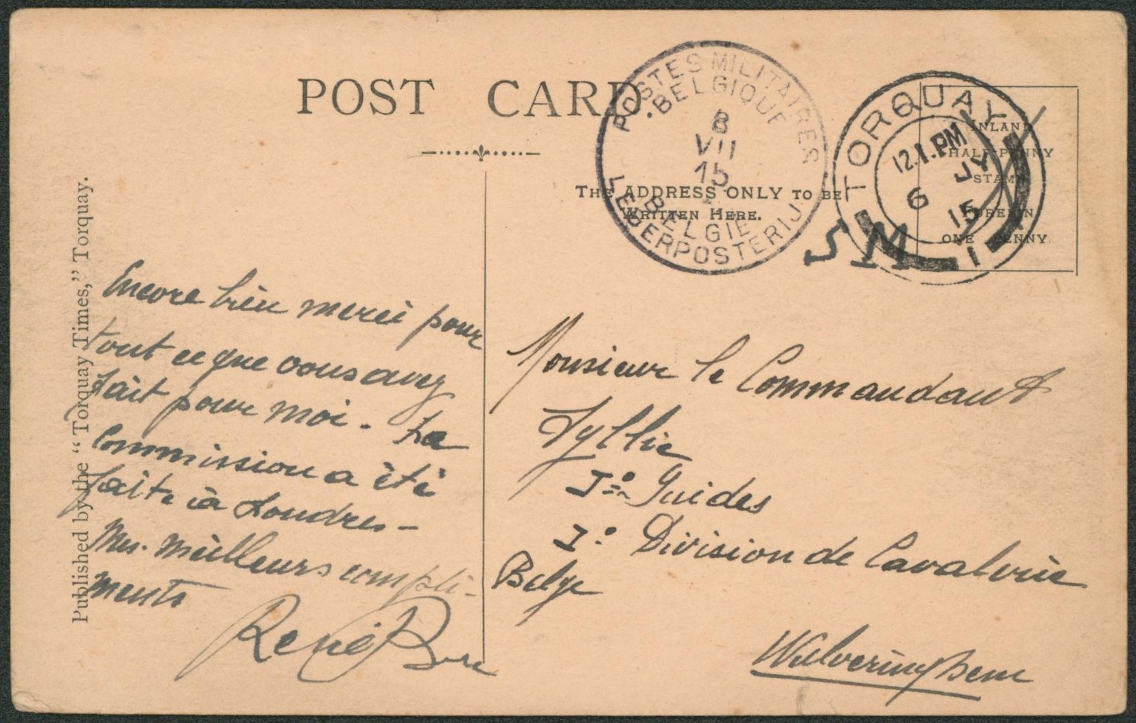 CP en S.M. expédiée de Torquay (Angleterre)  > Ier division de cavalerie belge à Wulveringhem çàd obl P.M.B.