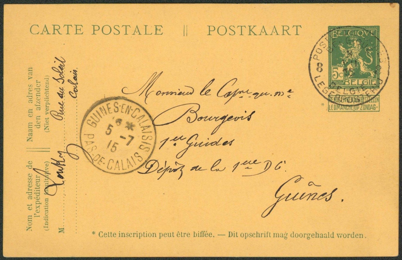 EP au type 5ctm vert Pellens obl P.M.B. 8 (1915) > Guines-en-calais, dépôt de la 1er D.G.
