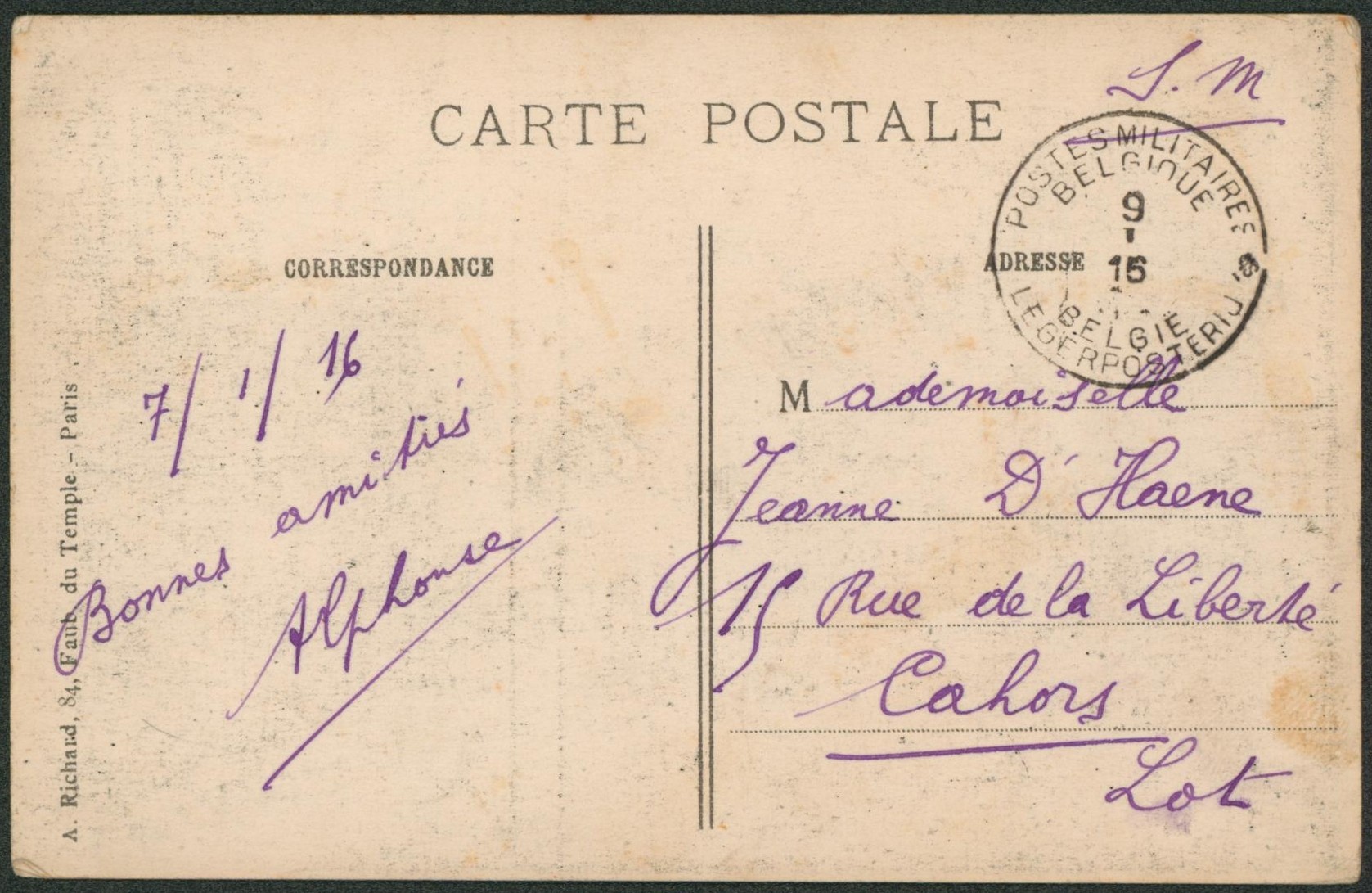 CP en S.M. obl P.M.B. (1915) > Cahors (France).