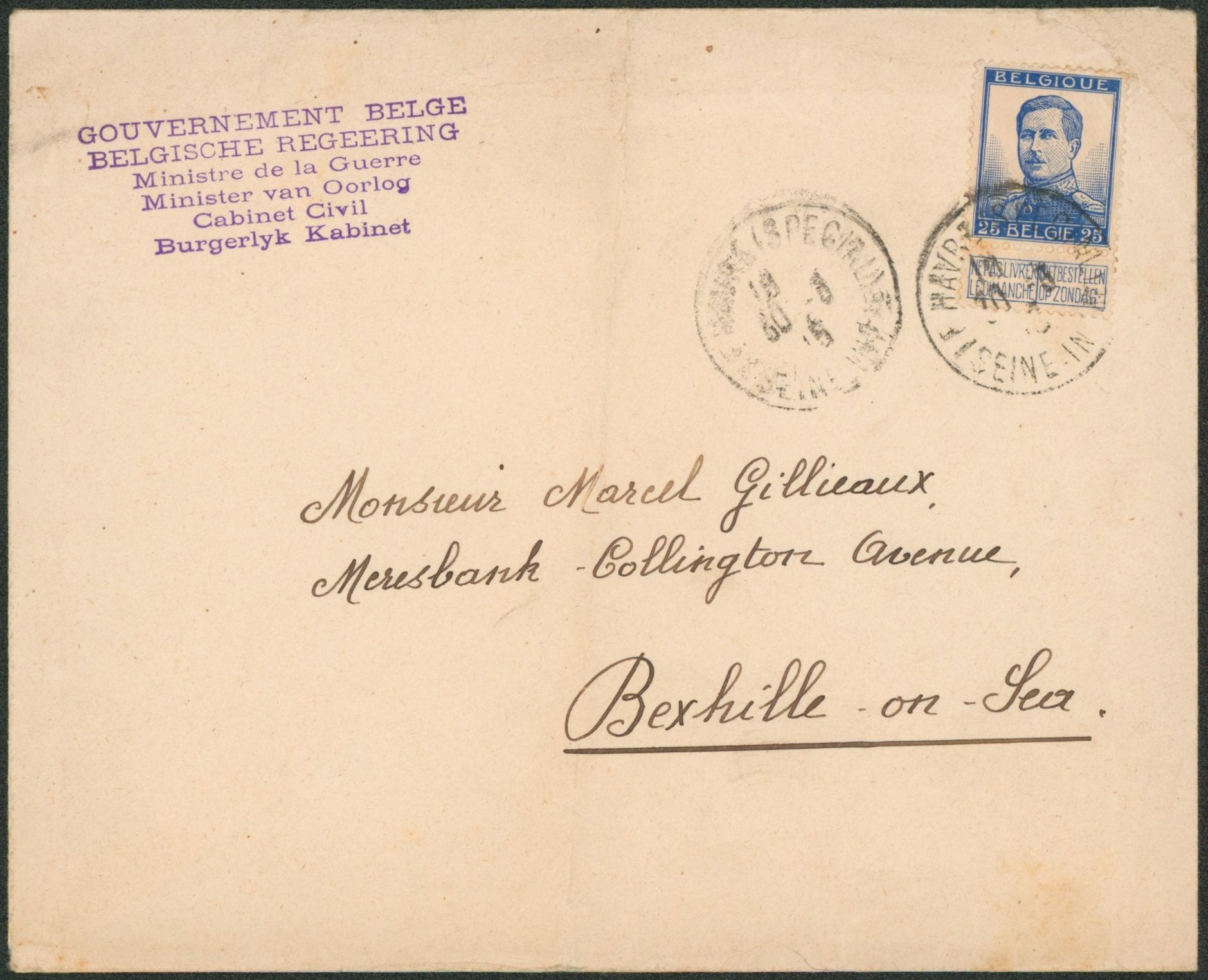 n°125 sur lettre obl Le havre (spécial) > Bexhille on sea / Gouvernement belge ministre de la guerre cabinet civil
