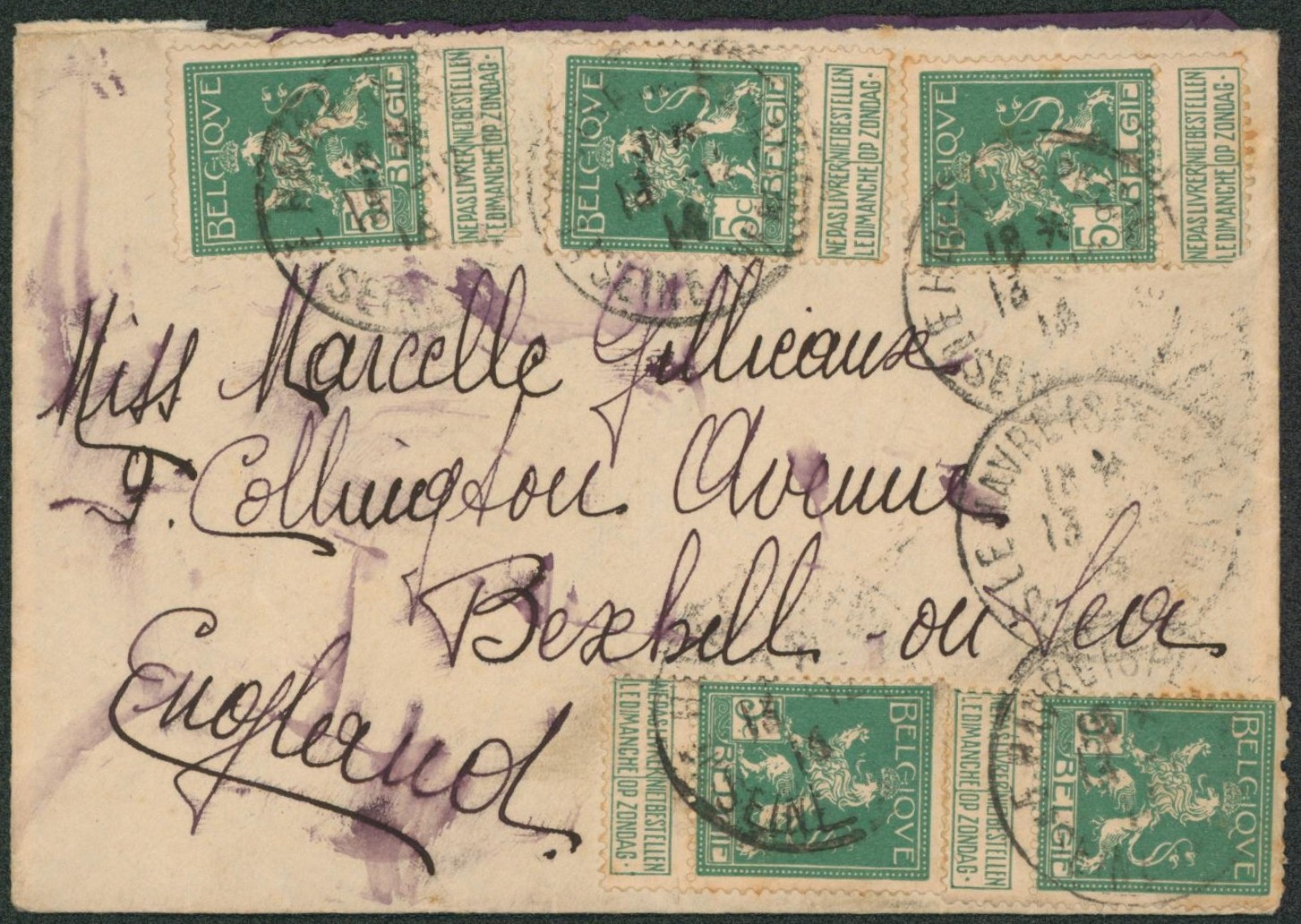 Pellens - n°110 x5 sur lettre expédié de le havre > Bexhill on sea (England).
