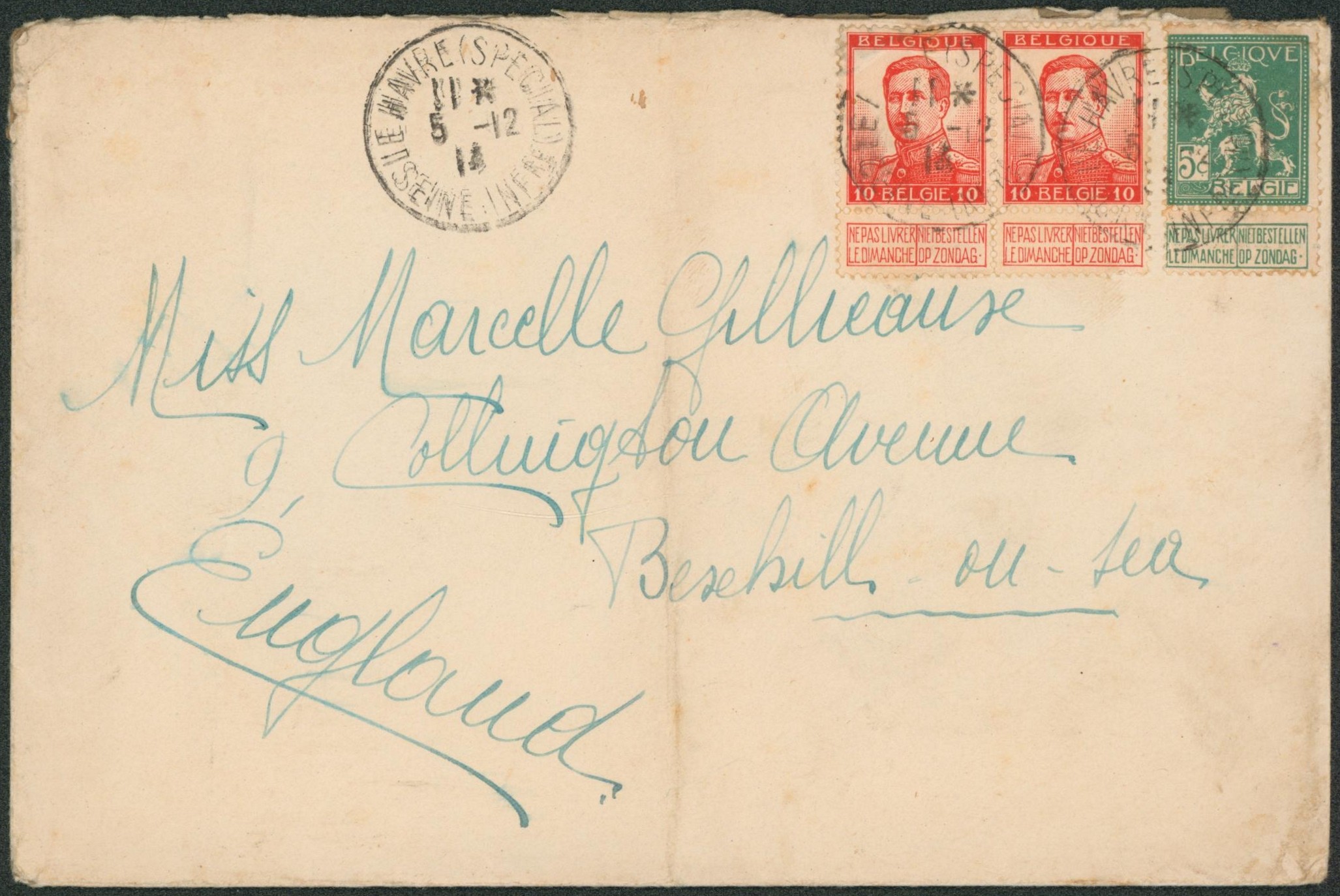 Pellens - 10C x2 + 110 sur lettre expédiée de le havre (spécial) > Bexhill-on-sea (England)