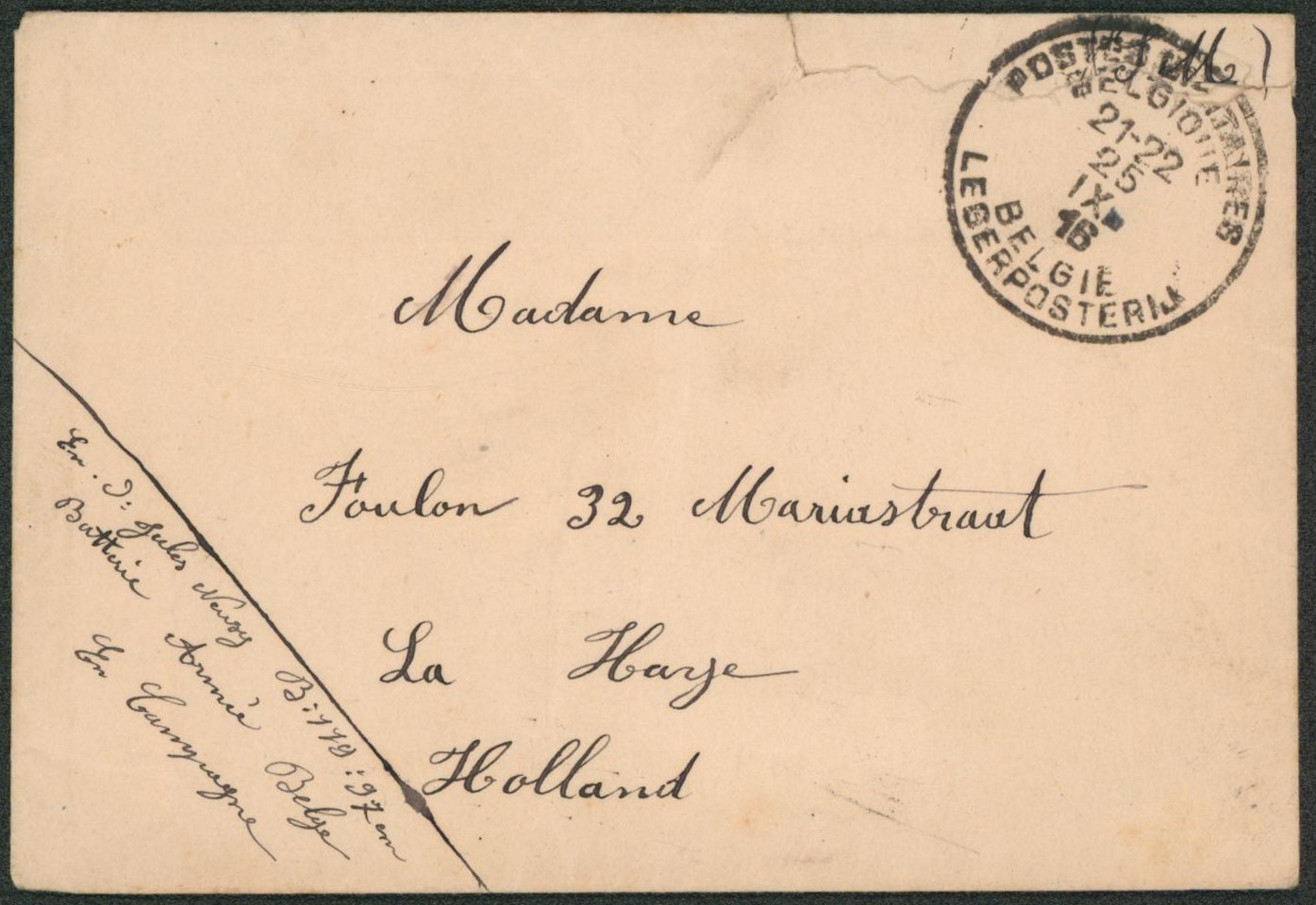 Lettre en S.M. obl P.M.B. (1916, armée belge en campagne) > La Haye (Hollande)