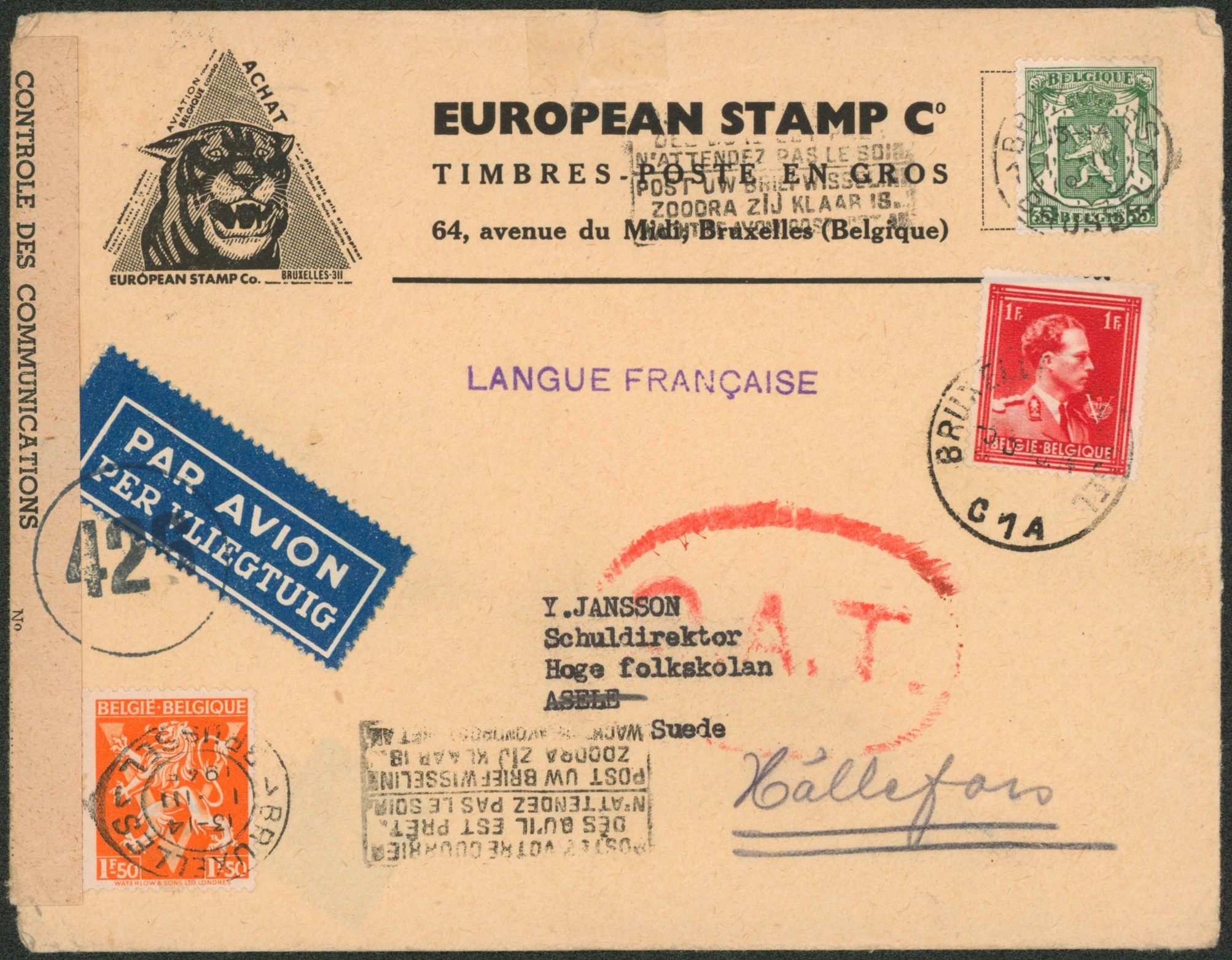 Affranch. Mixte sur lettre illustrée (european stamp, Bruxelles) par avion + bandelette de contrôle "425" et oval O.A.T. > Asele suivi hallefors (Suède).