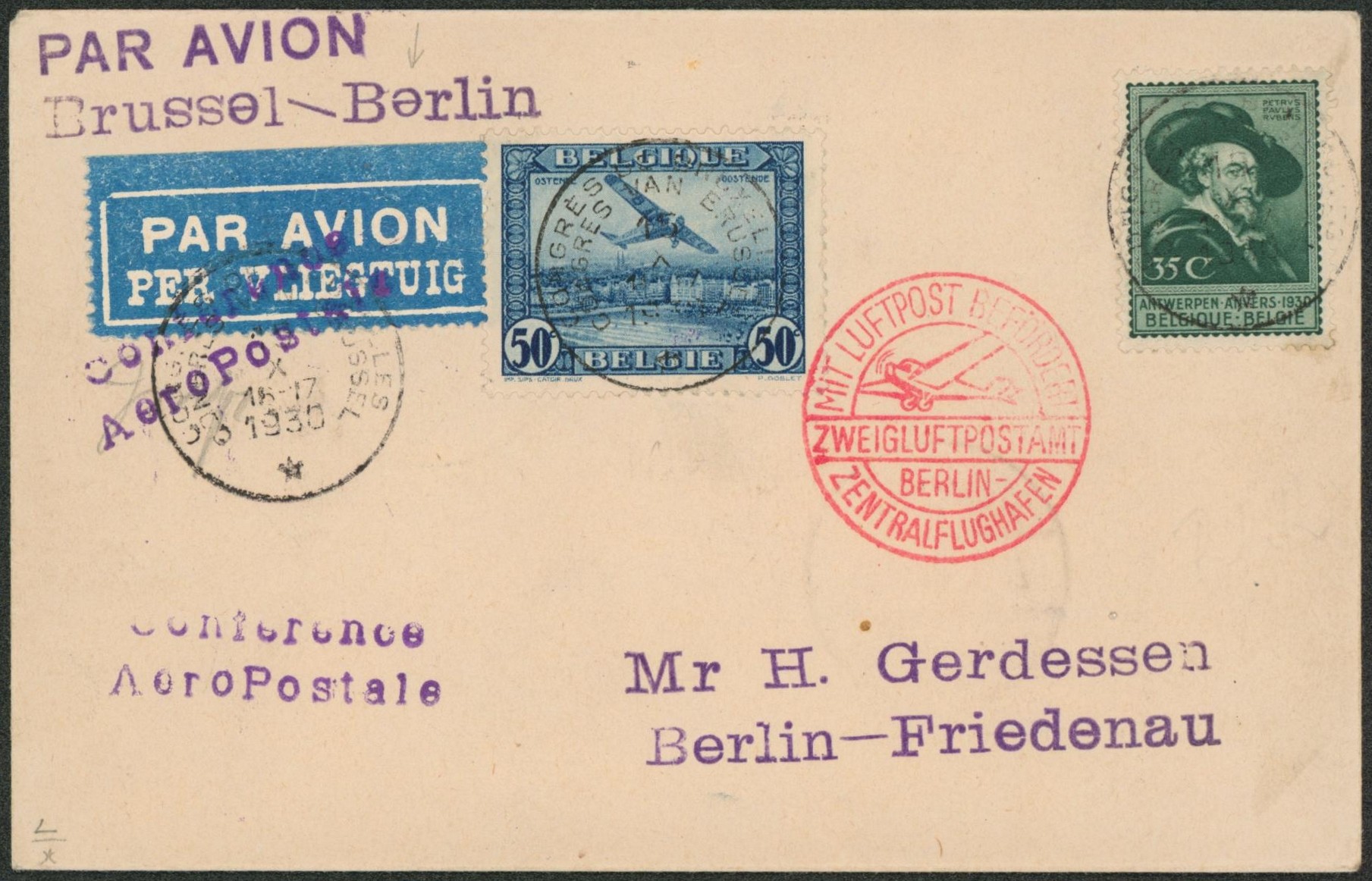 PA1 + n°300 sur lettre par avion de Bruxelles çàd cachet spécial "Congrès de Bruxelles" et griffe violette CONFERENCE AEROPOSTALE > Berlin