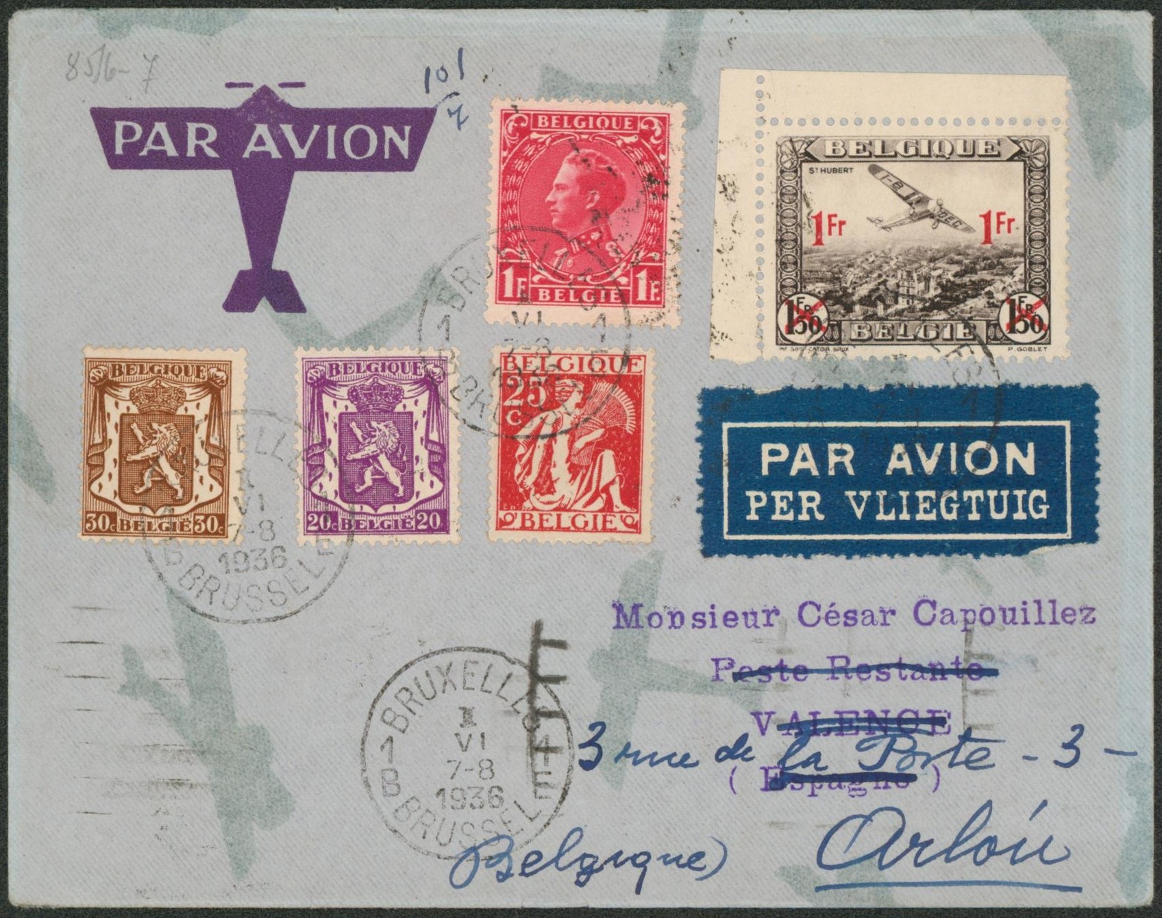 Bel affranchissement sur lettre par avion de Bruxelles > poste restante à Valence (Espagne), retour Arlon.