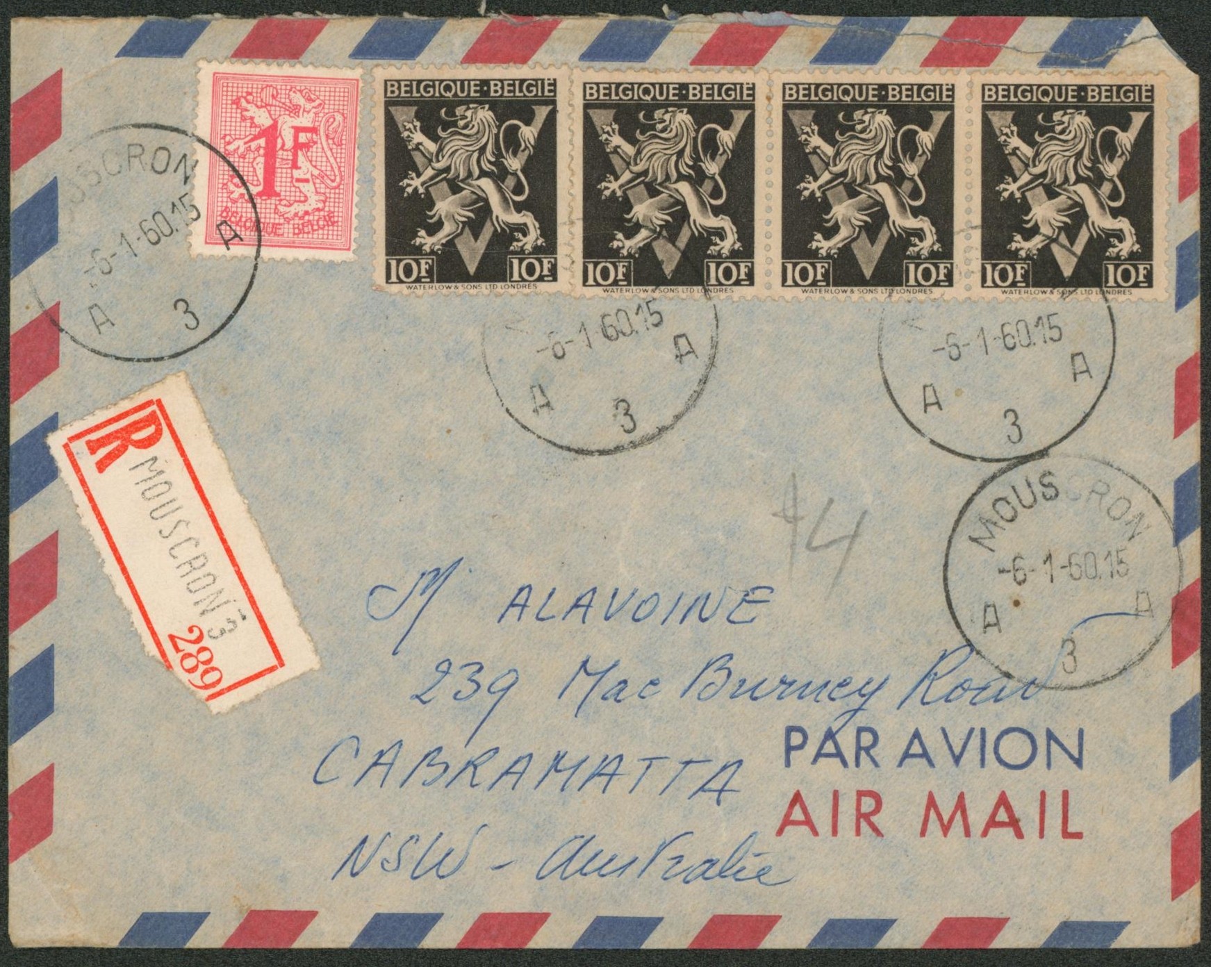 Lion héraldique (1960) Affranch. Mixte sur lettre par avion en recommandé de Mouscron > Cabramatta (Australie)