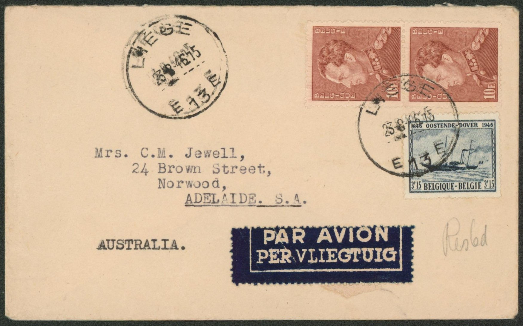 n°434A x2 et 727 sur lettre par avion de Liège > Adelaide (Australie)