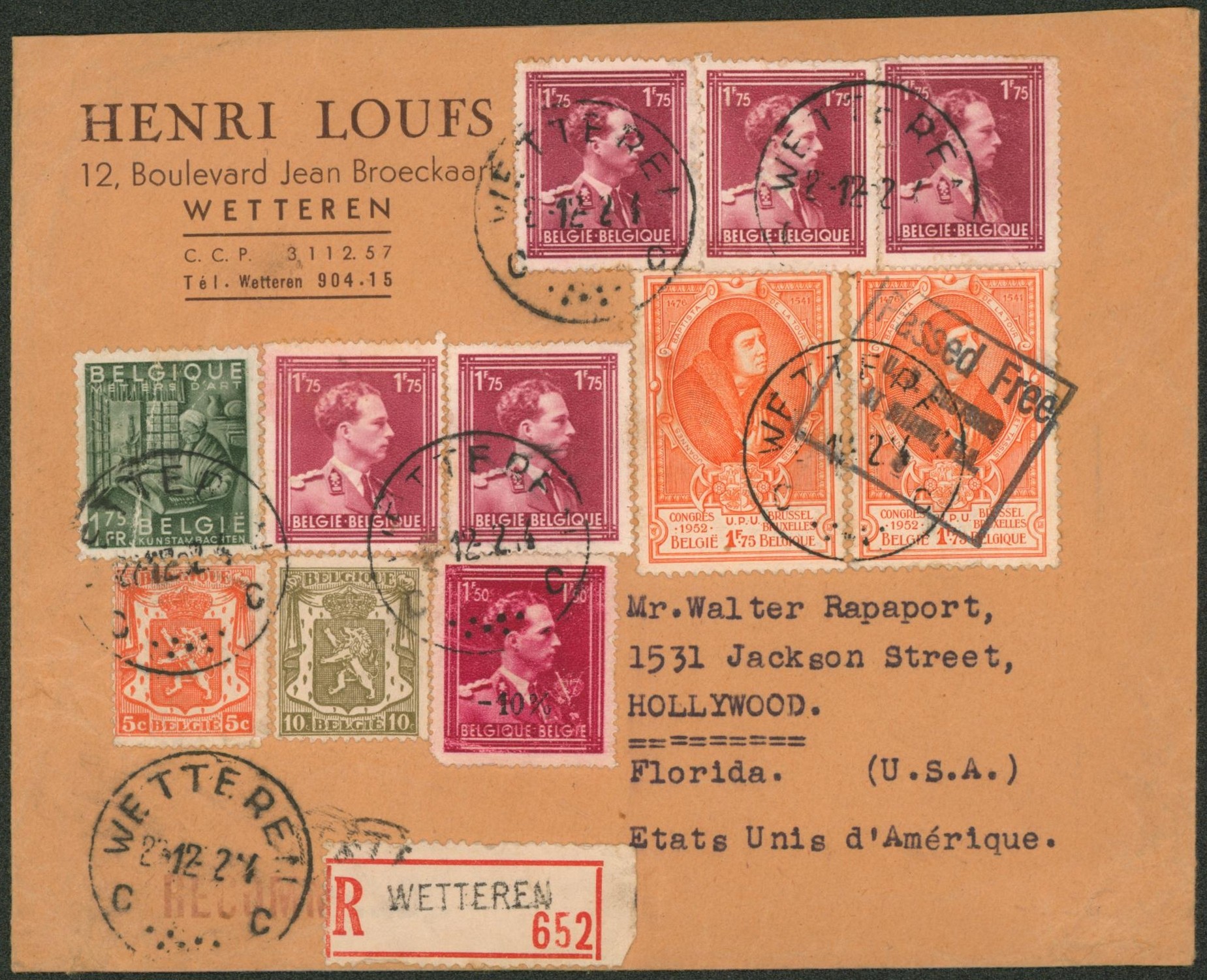 Affranch. Mixte (Col ouvert / UPU) sur lettre en recommandé de Wetteren > Hollywood (Florida, USA) + encadré Passed free