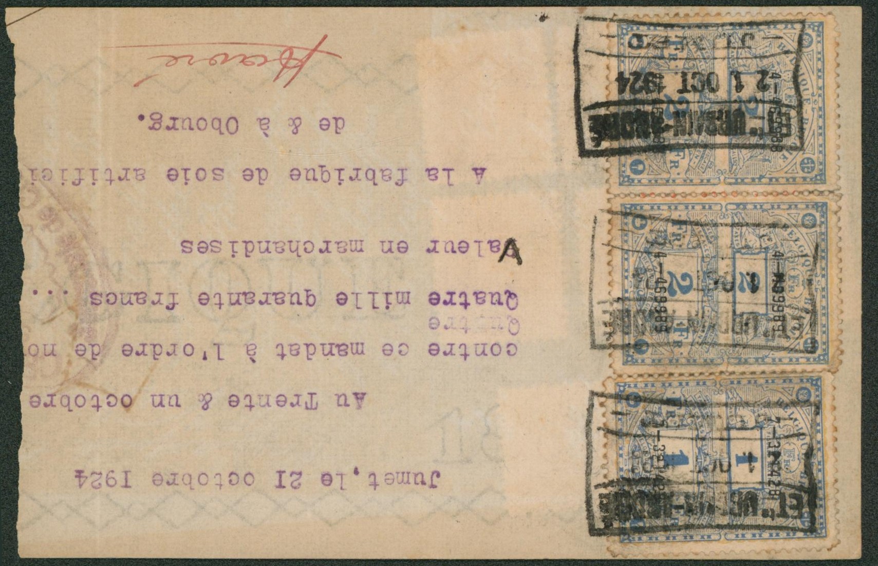 Petit montenez - n°214 x7 et 211 au verso d'un fragment de reçu fait à Jumet + timbre fiscaux. A voir