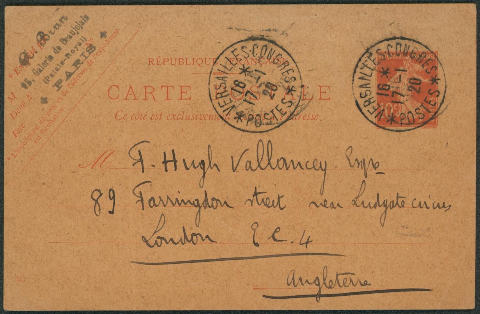 France - EP au type 10C rouge Semeuse obl spéciale "Versailles-Congrès / Postes" > London (Angleterre). Sans texte