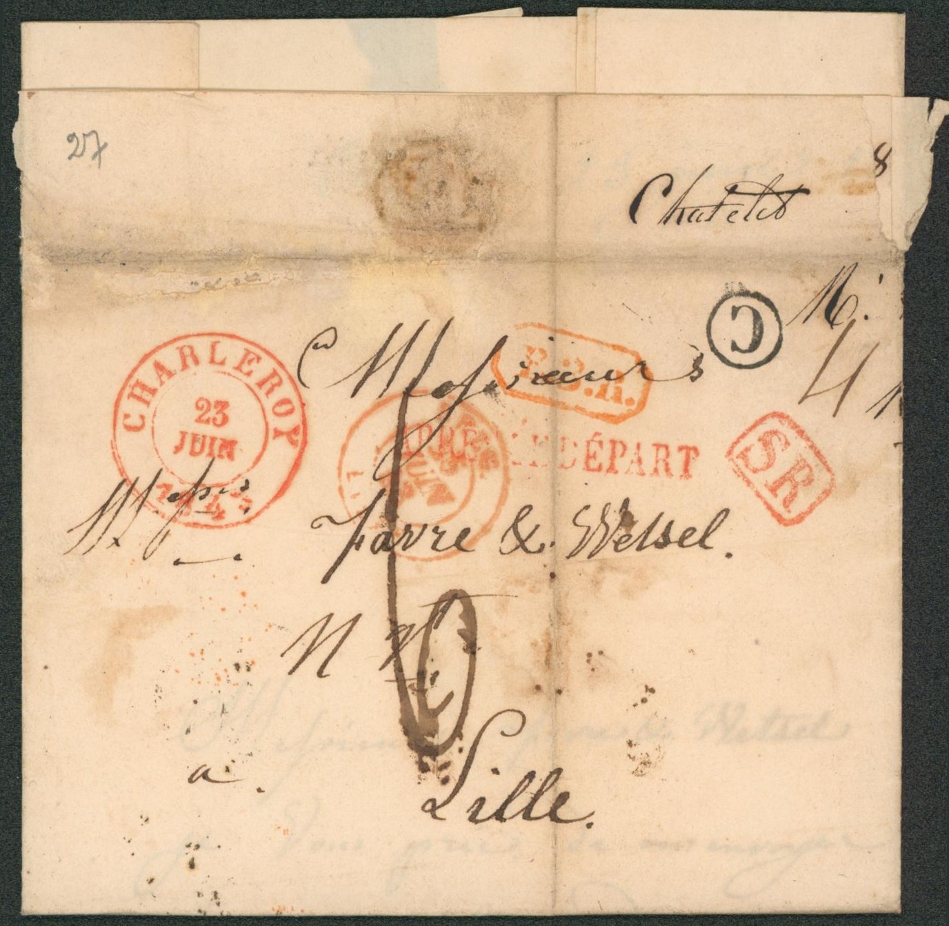 LAC cachet dateur "Charleroy" + boite rurale "C" (Chatelet), griffe de rayon B.3.R. et après le départ > Lille. TB