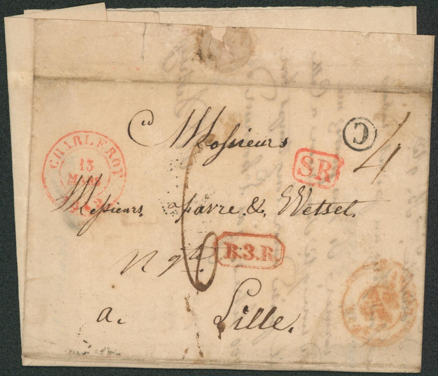 LAC cachet dateur "Charleroy" + boite rurale "C" (Chatelet), griffe de rayon B.3.R port "6" > Lille. TB